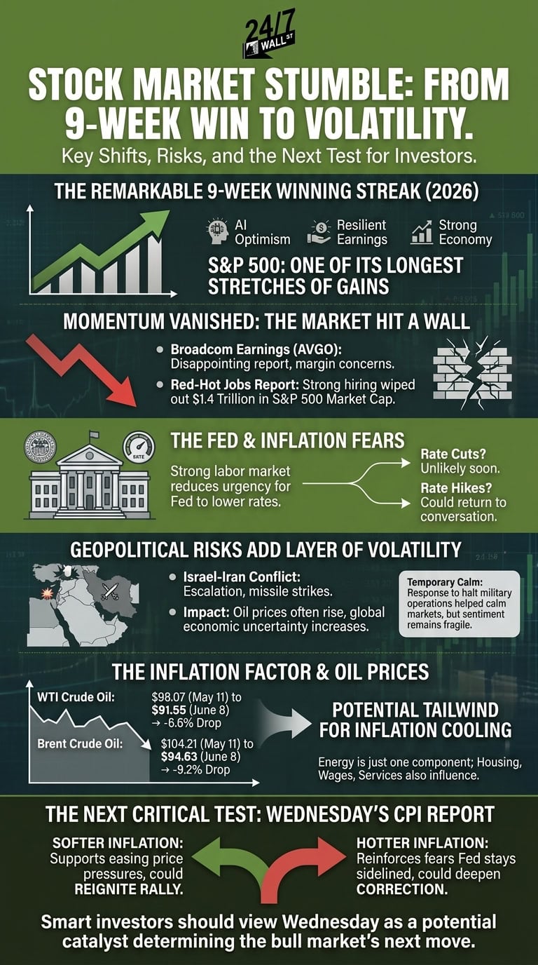 A detailed stock market infographic on a green background featuring charts, maps, and icons that explain recent market volatility and the impact of economic reports.