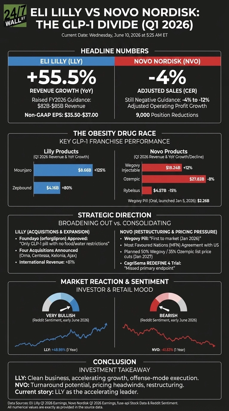 An infographic titled 'Eli Lilly vs Novo Nordisk: The GLP-1 Divide (Q1 2026)' presented on a dark background with a current date of Wednesday, June 10, 2026. It features a comparison of Eli Lilly (LLY) and Novo Nordisk (NVO) across several metrics. The 'Headline Numbers' section shows Eli Lilly with +55.5% Revenue Growth (YoY), raised FY2026 Guidance to $82B-$85B Revenue, and Non-GAAP EPS of $35.50-$37.00. Novo Nordisk shows -4% Adjusted Sales (CER), still negative guidance of -4% to -12% Adjusted Operating Profit Growth, and 9,000 position reductions. The 'Obesity Drug Race' section displays bar charts for Q1 2026 revenue and YoY growth/decline: Eli Lilly's Mounjaro at $8.66B (+125%) and Zepbound at $4.16B (+80%). Novo Nordisk's Wegovy Injectable at $18.24B (+12%), Ozempic at $27.83B (-8%), Rybelsus at $4.57B (-15%), and Wegovy Pill (Oral, launched Jan 5, 2026) at $2.26B. The 'Strategic Direction' highlights Lilly's acquisitions & expansion (Foundayo approved, four acquisitions, +81% international revenue) versus Novo's restructuring & pricing pressure (Wegovy Pill first to market, MFN agreement, planned price cuts, missed CagriSema trial endpoint). The 'Market Reaction & Sentiment' section uses gauge charts and line graphs, depicting Eli Lilly as 'Very Bullish' with a +48.98% 1-Year stock performance and Novo Nordisk as 'Bearish' with a -41.53% 1-Year performance. The conclusion states Eli Lilly is the 'accelerating leader' with clean business, accelerating growth, and offense-mode execution, while Novo Nordisk has turnaround potential, pricing headwinds, and restructuring.