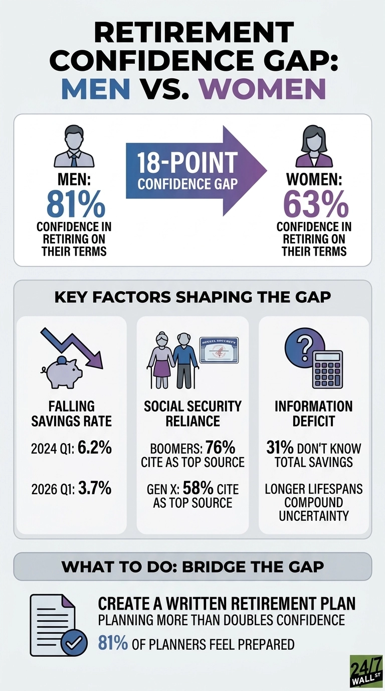 An infographic titled 'Retirement Confidence Gap: Men vs. Women' shows that 81% of men and 63% of women are confident in retiring on their terms, indicating an 18-point confidence gap. Below, three key factors are listed: Falling Savings Rate, with 2024 Q1 at 6.2% and 2026 Q1 at 3.7%; Social Security Reliance, with 76% of Boomers and 58% of Gen X citing it as a top source; and Information Deficit, where 31% don't know total savings and longer lifespans add uncertainty. The infographic concludes with a recommendation to 'Create a written retirement plan,' noting that 81% of planners feel prepared.