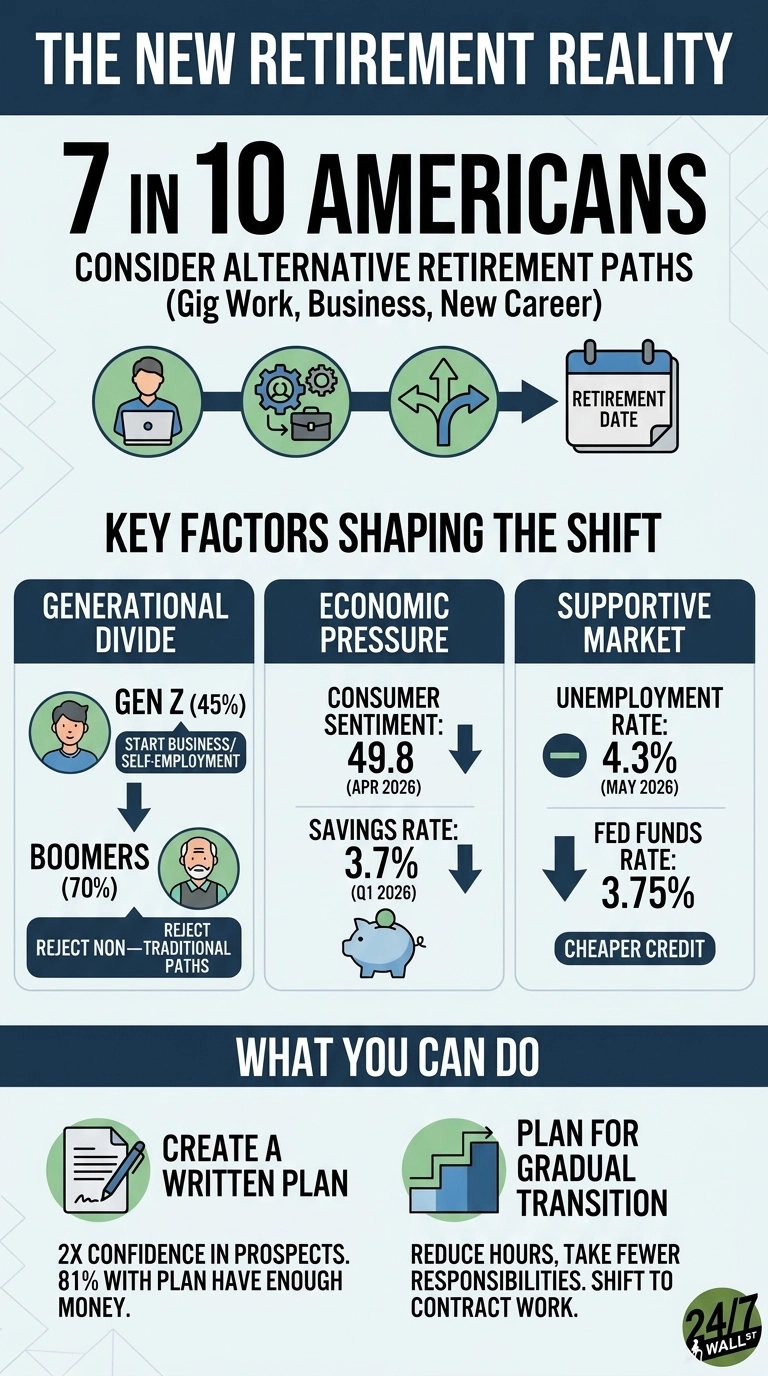 An infographic titled 'THE NEW RETIREMENT REALITY' with a dark blue and light blue color scheme. The top section states '7 IN 10 AMERICANS CONSIDER ALTERNATIVE RETIREMENT PATHS (Gig Work, Business, New Career)' with an arrow diagram showing icons for a person with a laptop, gears with a briefcase, multiple arrow paths, and a calendar labeled 'RETIREMENT DATE'. The middle section, 'KEY FACTORS SHAPING THE SHIFT,' is divided into three columns. The first column, 'GENERATIONAL DIVIDE,' shows Gen Z (45%) considering 'START BUSINESS/SELF-EMPLOYMENT' and Boomers (70%) who 'REJECT NON—TRADITIONAL PATHS'. The second column, 'ECONOMIC PRESSURE,' lists 'CONSUMER SENTIMENT: 49.8 (APR 2026)' with a down arrow and 'SAVINGS RATE: 3.7% (Q1 2026)' with a down arrow, alongside a piggy bank icon. The third column, 'SUPPORTIVE MARKET,' indicates 'UNEMPLOYMENT RATE: 4.3% (MAY 2026)' with a minus sign icon and 'FED FUNDS RATE: 3.75%' with a down arrow, followed by text 'CHEAPER CREDIT'. The bottom section, 'WHAT YOU CAN DO,' presents two actions: 'CREATE A WRITTEN PLAN' (2X confidence in prospects. 81% with plan have enough money.) with a document and pen icon, and 'PLAN FOR GRADUAL TRANSITION' (Reduce hours, take fewer responsibilities. Shift to contract work.) with a stairs icon. The '24/7 WALL ST' logo is at the bottom right.