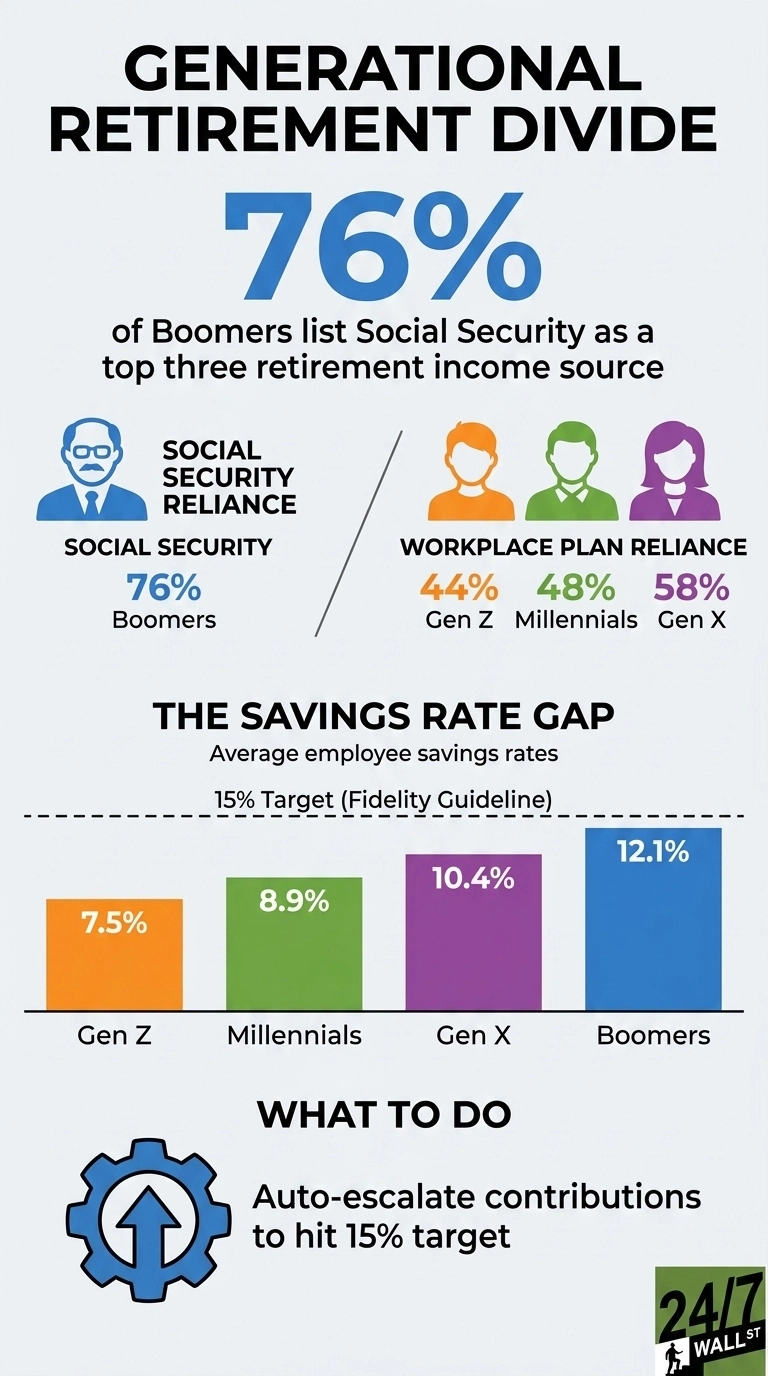 An infographic titled 'Generational Retirement Divide'. The top section shows 'Social Security Reliance' with 76% for Boomers. To the right, 'Workplace Plan Reliance' shows Gen Z at 44%, Millennials at 48%, and Gen X at 58%. The middle section, 'The Savings Rate Gap', presents average employee savings rates as a bar chart. A dashed line indicates a '15% Target (Fidelity Guideline)'. The bars show Gen Z at 7.5%, Millennials at 8.9%, Gen X at 10.4%, and Boomers at 12.1%. The bottom section, 'What To Do', features a gear icon with an upward arrow and the text 'Auto-escalate contributions to hit 15% target'. The logo '24/7 WALL ST' is in the bottom right corner.