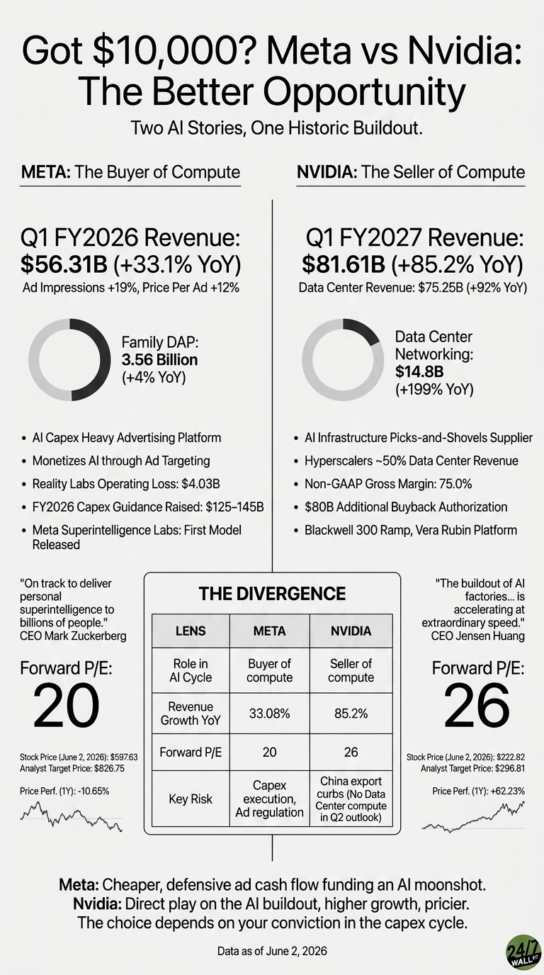 An infographic titled 'Got $10,000? Meta vs Nvidia: The Better Opportunity - Two AI Stories, One Historic Buildout.' The graphic is divided into two main sections for Meta and Nvidia, with a central comparison table. The Meta section, labeled 'The Buyer of Compute,' displays Q1 FY2026 Revenue: $56.31B (+33.1% YoY), with Ad Impressions +19% and Price Per Ad +12%. A donut chart shows Family DAP: 3.56 Billion (+4% YoY). Key points include AI Capex Heavy Advertising Platform, Reality Labs Operating Loss: $4.03B, and FY2026 Capex Guidance Raised: $125-145B. Meta's Forward P/E is 20, with a stock price of $597.63 (June 2, 2026) and a 1-year performance of -10.65%. The Nvidia section, labeled 'The Seller of Compute,' shows Q1 FY2027 Revenue: $81.61B (+85.2% YoY), with Data Center Revenue: $75.25B (+92% YoY). A donut chart indicates Data Center Networking: $14.8B (+199% YoY). Key points include AI Infrastructure Picks-and-Shovels Supplier, Hyperscalers ~50% Data Center Revenue, and Non-GAAP Gross Margin: 75.0%. Nvidia's Forward P/E is 26, with a stock price of $222.82 (June 2, 2026) and a 1-year performance of +62.23%. A central table, 'THE DIVERGENCE,' compares Meta and Nvidia across 'Lens' categories: Role in AI Cycle (Buyer of compute vs Seller of compute), Revenue Growth YoY (33.08% vs 85.2%), Forward P/E (20 vs 26), and Key Risk (Capex execution, Ad regulation vs China export curbs). Quotes from CEOs Mark Zuckerberg and Jensen Huang are also included. A concluding statement describes Meta as 'Cheaper, defensive ad cash flow funding an AI moonshot' and Nvidia as 'Direct play on the AI buildout, higher growth, pricier.' Data is as of June 2, 2026.