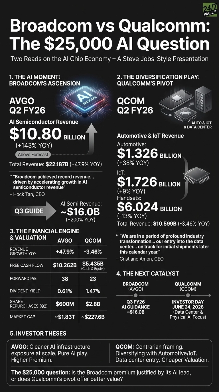 An infographic titled 'Broadcom vs Qualcomm: The $25,000 AI Question' on a dark background. It compares financial data and investor theses for Broadcom (AVGO) and Qualcomm (QCOM) across five sections. Section 1, 'The AI Moment: Broadcom's Ascension', highlights AVGO Q2 FY26 AI Semiconductor Revenue of $10.80 Billion (+143% YOY) and Q3 guidance of ~$16.0 Billion (+200% YOY). Section 2, 'The Diversification Play: Qualcomm's Pivot', shows QCOM Q2 FY26 Automotive & IoT Revenue, with Automotive at $1.326 Billion (+38% YOY), IoT at $1.726 Billion (+9% YOY), and Handsets at $6.024 Billion (-13% YOY). Section 3, 'The Financial Engine & Valuation', presents a table comparing AVGO and QCOM on Revenue Growth YOY (+47.9% vs -3.46%), Free Cash Flow ($10.262B vs $5.435B), Forward P/E (38 vs 23), Dividend Yield (0.61% vs 1.47%), Share Repurchases ($600M vs $2.8B), and Market Cap (~$1.83T vs ~$227.6B). Section 4, 'The Next Catalyst', lists AVGO's Q3 FY26 AI Guidance (~$16.0B) and QCOM's Investor Day on June 24, 2026. Section 5, 'Investor Theses', summarizes investment arguments for both companies. The infographic concludes with the question: 'Is the Broadcom premium justified by its AI lead, or does Qualcomm's pivot offer better value?'