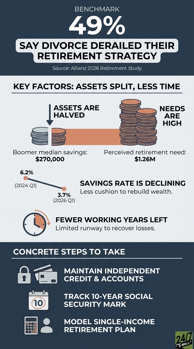An infographic titled '49% Say Divorce Derailed Their Retirement Strategy', with a source indicated as 'Allianz 2026 Retirement Study'. The large benchmark number '49%' is prominently displayed. A section on 'Key Factors: Assets Split, Less Time' illustrates assets being halved with coin stacks, showing 'Boomer median savings: $270,000' and 'Perceived retirement need: $1.26M'. A line graph with points and percentages shows 'Savings Rate is Declining' from 6.2% (2024 Q1) to 3.7% (2026 Q1). A clock icon represents 'Fewer Working Years Left'. A final section 'Concrete Steps to Take' lists three points with corresponding icons: 'Maintain independent credit & accounts' (padlock and credit cards), 'Track 10-year Social Security mark' (calendar with '10'), and 'Model single-income retirement plan' (calculator and person). The overall color scheme is dark blue, light gray, and orange accents.