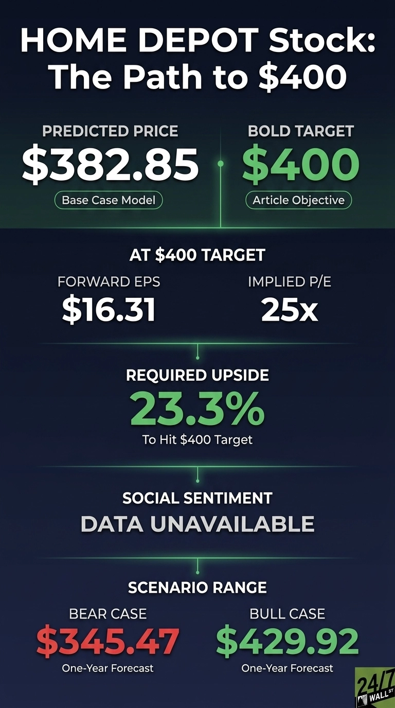 Infographic titled 'HOME DEPOT Stock: The Path to $400'. It presents financial data in a structured layout. The Predicted Price is $382.85, labeled 'Base Case Model'. The Bold Target is $400, labeled 'Article Objective'. At the $400 target, Forward EPS is $16.31 and Implied P/E is 25x. The Required Upside is 23.3% 'To Hit $400 Target'. Social Sentiment is 'DATA UNAVAILABLE'. Under Scenario Range, the Bear Case is $345.47 and the Bull Case is $429.92, both labeled 'One-Year Forecast'. The design uses a dark blue and green color scheme with light green connecting lines and text accents. A '24/7 WALL ST' logo is visible in the bottom right corner.