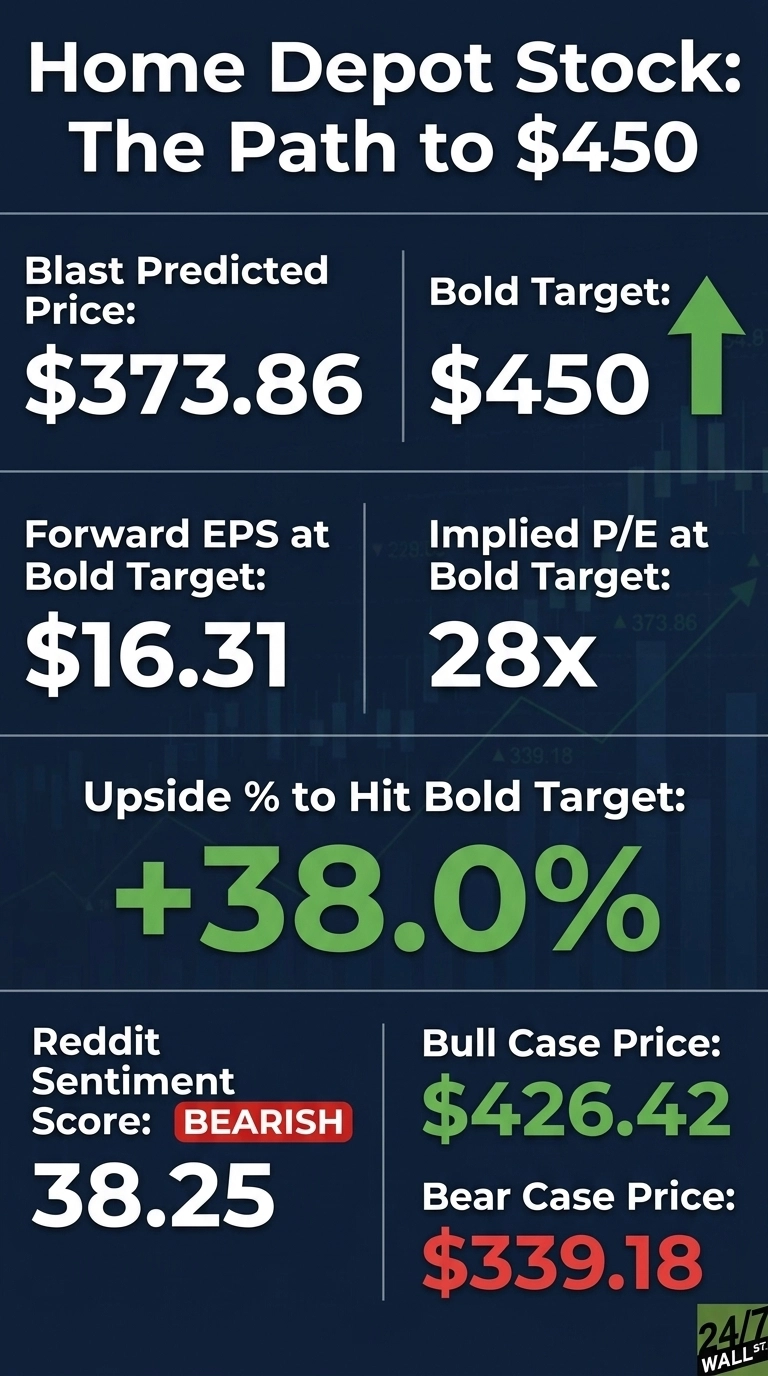 An infographic titled 'Home Depot Stock: The Path to $450' on a dark blue background. It presents stock prediction data in a grid layout. Key metrics include a Blast Predicted Price of $373.86 and a Bold Target of $450, indicated by a large green upward arrow. Below that, Forward EPS at Bold Target is $16.31 and Implied P/E at Bold Target is 28x. The Upside % to Hit Bold Target is +38.0% in large green text. The bottom section shows Reddit Sentiment Score as 38.25, labeled BEARISH in a red box, next to a Bull Case Price of $426.42 in green and a Bear Case Price of $339.18 in red. The '24/7 WALL ST.' logo is in the bottom right corner.