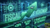 A vibrant, neon green digital graphic representing financial and technological progress. A large upward-pointing arrow with the 'HPE' logo on a chip at its tip dominates the center, set against a banner that reads 'FISCAL 2028 ROADMAP.' Below, display panels highlight 'Q2 2026 BEAT,' '+20%,' and '2 YEARS AHEAD OF SCHEDULE.' The background features glowing server racks and circuit board patterns, with 'AI' chips interconnected by digital lines, indicating a high-tech data center environment. The '24/7 WALL ST' logo is visible in the bottom right corner.