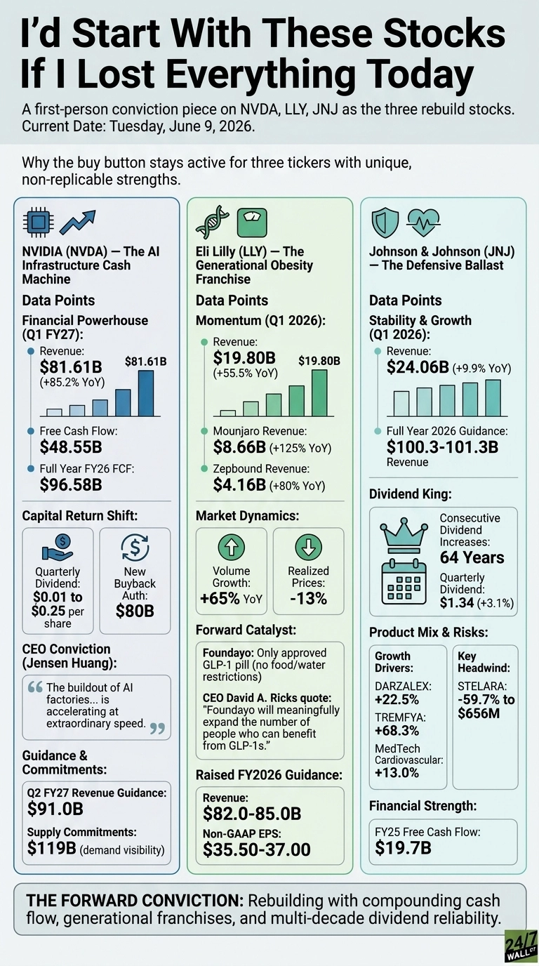 An infographic titled 'I'd Start With These Stocks If I Lost Everything Today' on Tuesday, June 9, 2026. It is structured into three vertical columns, each detailing a stock: NVIDIA (NVDA), Eli Lilly (LLY), and Johnson & Johnson (JNJ). Each column features key financial data, growth metrics, and strategic highlights. For NVIDIA, it shows Q1 FY27 revenue of $81.61B, free cash flow, capital return plans including an $80B buyback, and a CEO quote on AI. Eli Lilly's section includes Q1 2026 revenue of $19.80B, Mounjaro and Zepbound revenues, market dynamics, Foundayo as a forward catalyst, and raised FY2026 guidance for revenue ($82.0-85.0B) and Non-GAAP EPS ($35.50-37.00). Johnson & Johnson's column displays Q1 2026 revenue of $24.06B, full year 2026 guidance, details on its 64 years of consecutive dividend increases with a $1.34 quarterly dividend, product mix growth drivers, Stelara as a key headwind, and FY25 free cash flow. The infographic uses green boxes, bar charts, and icons to present the data, with a concluding statement about forward conviction.