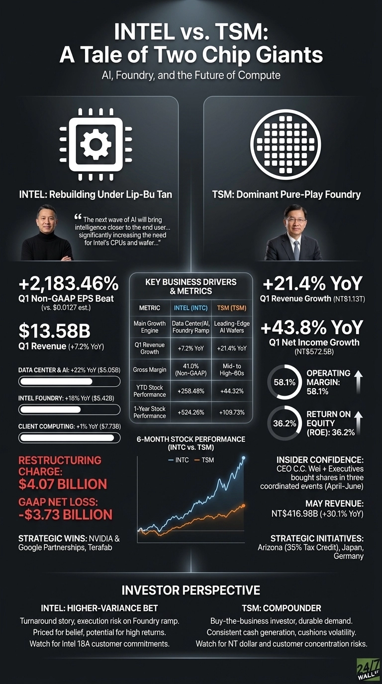 An infographic titled 'INTEL vs. TSM: A Tale of Two Chip Giants' visually comparing Intel and TSMC's Q1 2026 performance and strategies. The left side, representing Intel, features a CPU icon, CEO Lip-Bu Tan with a quote, Q1 EPS beat (+2,183.46%), revenue ($13.58B), segment growth, a $4.07B restructuring charge, and a -$3.73B GAAP net loss. The right side, representing TSMC, features a wafer icon, CEO C.C. Wei, Q1 revenue growth (+21.4%), net income growth (+43.8%), 58.1% operating margin, and 36.2% return on equity. A central table details key business drivers and metrics, including Q1 revenue growth, gross margin, and stock performance for both companies. Below the table, a line chart shows 6-month stock performance with Intel's blue line rising sharply above TSM's orange line. The bottom section provides investor perspectives, categorizing Intel as a 'Higher-Variance Bet' and TSM as a 'Compounder'.
