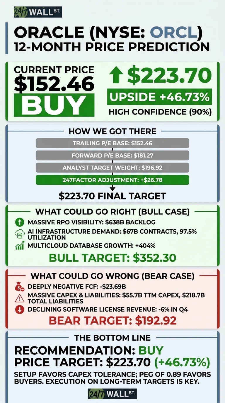 An infographic titled 'Oracle (NYSE: ORCL) 12-Month Price Prediction' by 24/7 Wall St. It shows the current price of $152.46, a 'BUY' recommendation, and a target price of $223.70, indicating 46.73% upside with high confidence (90%). Sections detail the calculation factors, a bull case with a target of $352.30 citing massive RPO visibility, AI demand, and multicloud growth, and a bear case with a target of $192.92 mentioning negative FCF, massive CAPEX/liabilities, and declining software revenue. The bottom line reiterates the BUY recommendation and price target, with additional textual context.