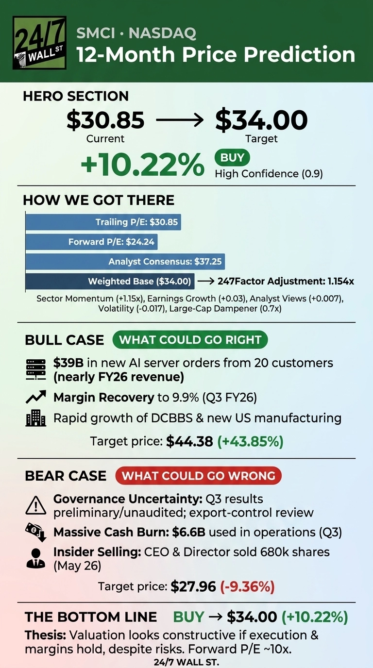An infographic titled 'SMCI NASDAQ 12-Month Price Prediction' by 24/7 Wall St. The 'Hero Section' displays a current price of $30.85 and a target price of $34.00, indicating a +10.22% increase, labeled as a 'BUY' with 'High Confidence (0.9)'. The 'How We Got There' section lists Trailing P/E: $30.85, Forward P/E: $24.24, Analyst Consensus: $37.25, and a Weighted Base of $34.00, adjusted by a 247Factor of 1.154x derived from Sector Momentum (+1.15x), Earnings Growth (+0.03), Analyst Views (+0.007), Volatility (-0.017), and Large-Cap Dampener (0.7x). The 'BULL CASE' section, under 'WHAT COULD GO RIGHT', includes '$39B in new AI server orders from 20 customers (nearly FY26 revenue)', 'Margin Recovery to 9.9% (Q3 FY26)', and 'Rapid growth of DCBBS & new US manufacturing', leading to a target price of $44.38 (+43.85%). The 'BEAR CASE' section, under 'WHAT COULD GO WRONG', lists 'Governance Uncertainty: Q3 results preliminary/unaudited; export-control review', 'Massive Cash Burn: $6.6B used in operations (Q3)', and 'Insider Selling: CEO & Director sold 680k shares (May 26)', resulting in a target price of $27.96 (-9.36%). 'THE BOTTOM LINE' recommends 'BUY -> $34.00 (+10.22%)' and states the thesis: 'Valuation looks constructive if execution & margins hold, despite risks. Forward P/E ~10x.' The infographic uses a green and blue color palette with white text.
