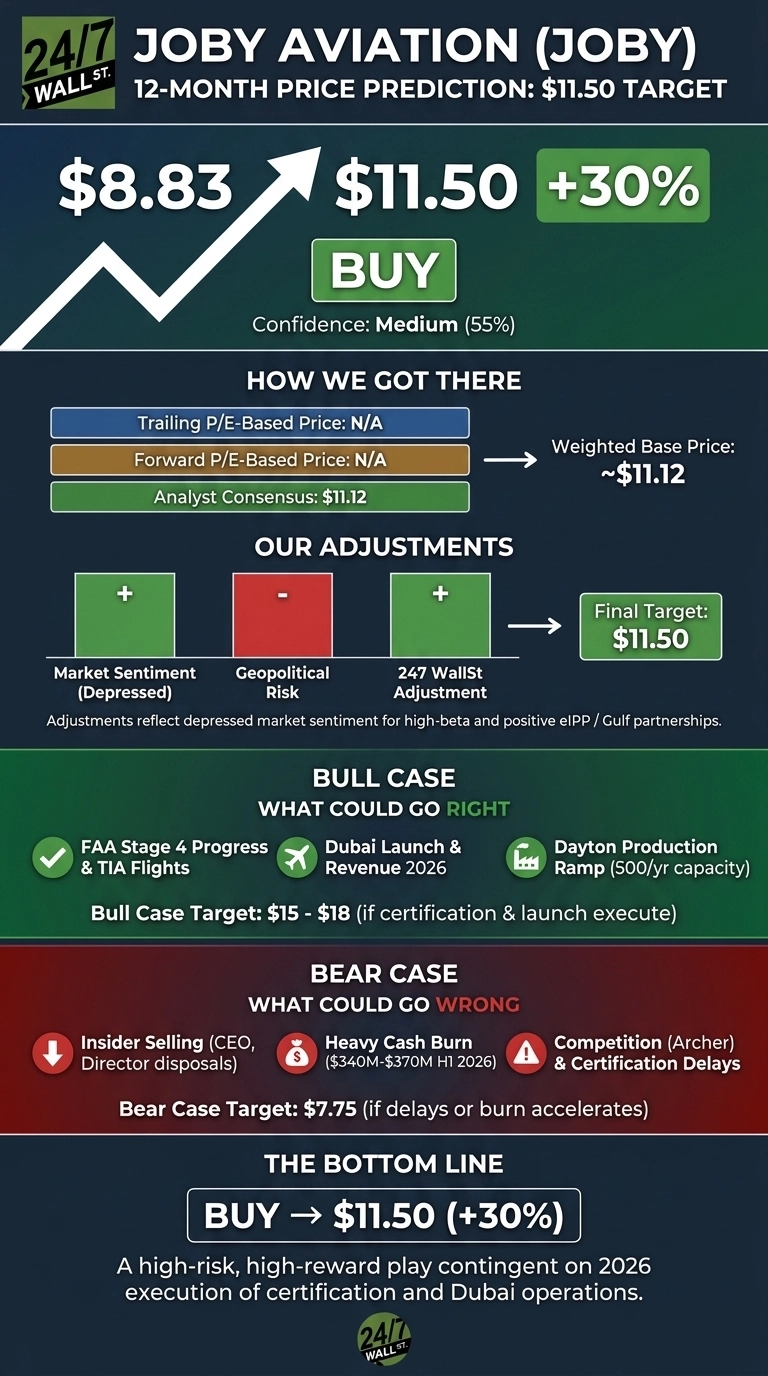 An infographic on Joby Aviation (JOBY) 12-month price prediction. It shows the current price of $8.83 increasing to a target of $11.50, representing a 30% gain, with a 'BUY' recommendation and Medium (55%) confidence. The chart details how the $11.50 target was reached, starting with a weighted base price of ~$11.12 derived from an analyst consensus of $11.12, as trailing and forward P/E prices are N/A. Adjustments for depressed market sentiment (+), geopolitical risk (-), and 24/7 Wall St. adjustment (+) lead to the final $11.50 target. A 'Bull Case' section lists FAA Stage 4 Progress & TIA Flights, Dubai Launch & Revenue 2026, and Dayton Production Ramp, with a target of $15 - $18. A 'Bear Case' section lists Insider Selling, Heavy Cash Burn ($340M-$370M H1 2026), and Competition & Certification Delays, with a target of $7.75. The bottom line reiterates 'BUY → $11.50 (+30%)' as a high-risk, high-reward play contingent on 2026 execution.