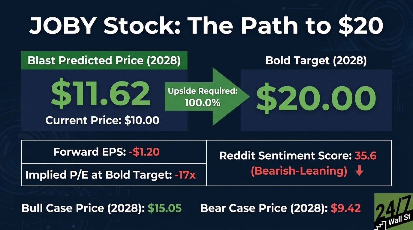 An infographic titled 'JOBY Stock: The Path to $20' on a dark blue background. It shows a Blast Predicted Price (2028) of $11.62 from a Current Price of $10.00, with an arrow indicating an Upside Required of 100.0% to reach a Bold Target (2028) of $20.00. Below, it lists Forward EPS: -$1.20, Implied P/E at Bold Target: -17x, and Reddit Sentiment Score: 35.6 (Bearish-Leaning). At the bottom, it presents Bull Case Price (2028): $15.05 and Bear Case Price (2028): $9.42. A '24/7 Wall St' logo is in the bottom right.