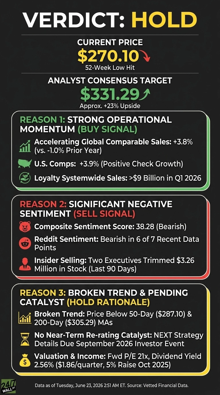 An infographic titled 'VERDICT: HOLD' on a dark background. It shows the current stock price of $270.10, marked as a 52-week low, and an analyst consensus target of $331.29, indicating +23% upside. Below, three colored sections detail the rationale: Reason 1 (green) highlights 'STRONG OPERATIONAL MOMENTUM (BUY SIGNAL)' with points like accelerating global comparable sales (+3.8%) and loyalty systemwide sales (>$9 billion in Q1 2026). Reason 2 (red) explains 'SIGNIFICANT NEGATIVE SENTIMENT (SELL SIGNAL)' with a bearish composite score (38.28), Reddit sentiment, and insider selling ($3.26 million). Reason 3 (yellow) presents 'BROKEN TREND & PENDING CATALYST (HOLD RATIONALE)' covering price below moving averages ($287.10 and $305.29), no near-term re-rating catalyst before a September 2026 investor event, and valuation/income details like a Fwd P/E 21x and a 2.56% dividend yield. The bottom footer states 'Data as of Tuesday, June 23, 2026 2:51 AM ET'.