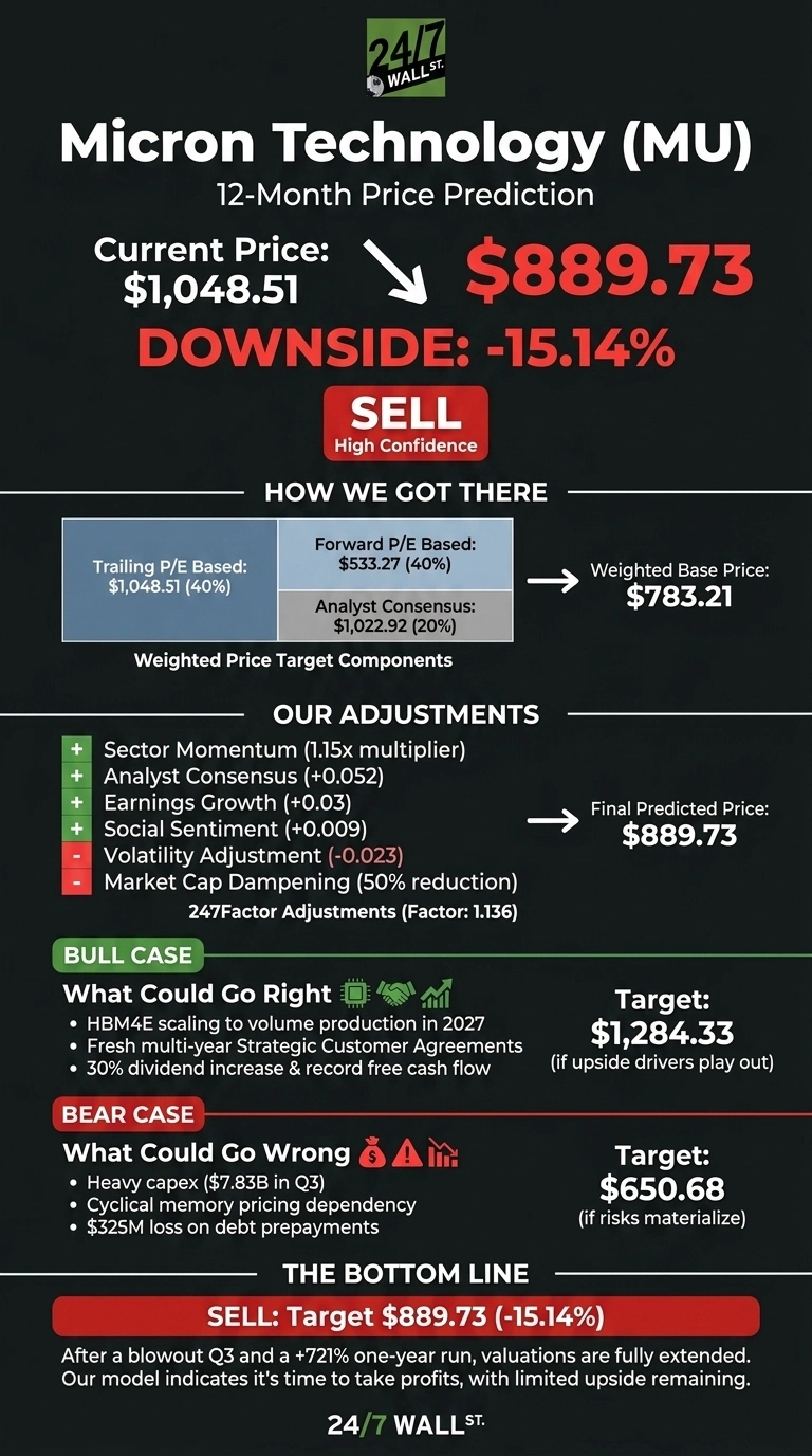 An infographic titled 'Micron Technology (MU) 12-Month Price Prediction' with a dark background and white, red, and green text. The current price is displayed as $1,048.51, with an arrow pointing down to the predicted price of $889.73, and a 'DOWNSIDE: -15.14%'. A large red button says 'SELL High Confidence'. The 'How We Got There' section shows 'Weighted Price Target Components' including 'Trailing P/E Based: $1,048.51 (40%)', 'Forward P/E Based: $533.27 (40%)', and 'Analyst Consensus: $1,022.92 (20%)', leading to a 'Weighted Base Price: $783.21'. The 'Our Adjustments' section lists positive adjustments for Sector Momentum (1.15x multiplier), Analyst Consensus (+0.052), Earnings Growth (+0.03), Social Sentiment (+0.009), and negative adjustments for Volatility Adjustment (-0.023), Market Cap Dampening (50% reduction). These lead to a 'Final Predicted Price: $889.73'. A 'Bull Case' section lists 'What Could Go Right' scenarios and a target of $1,284.33. A 'Bear Case' section lists 'What Could Go Wrong' scenarios and a target of $650.68. The 'Bottom Line' reiterates 'SELL: Target $889.73 (-15.14%)' and states that valuations are fully extended.