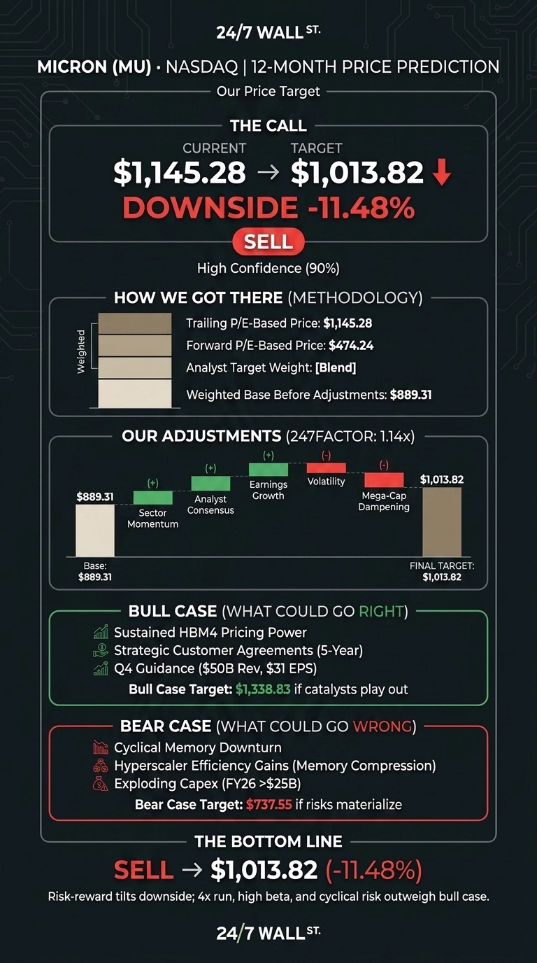 An infographic titled 'Micron (MU) • NASDAQ | 12-Month Price Prediction' on a dark background with circuit board graphics. The top section, 'The Call', shows the current price as $1,145.28, a target price of $1,013.82, indicating a downside of -11.48%, and a 'SELL' recommendation with High Confidence (90%). The 'How We Got There (Methodology)' section lists Trailing P/E-Based Price: $1,145.28, Forward P/E-Based Price: $474.24, Analyst Target Weight: [Blend], and Weighted Base Before Adjustments: $889.31. 'Our Adjustments (247FACTOR: 1.14x)' is depicted with a bar chart starting from a Base of $889.31, showing positive adjustments from Sector Momentum, Analyst Consensus, and Earnings Growth, and negative adjustments from Volatility and Mega-Cap Dampening, leading to a Final Target of $1,013.82. The 'Bull Case (What Could Go Right)' section lists 'Sustained HBM4 Pricing Power', 'Strategic Customer Agreements (5-Year)', 'Q4 Guidance ($50B Rev, $31 EPS)', and a Bull Case Target: $1,338.83. The 'Bear Case (What Could Go Wrong)' section lists 'Cyclical Memory Downturn', 'Hyperscaler Efficiency Gains (Memory Compression)', 'Exploding Capex (FY26 >$25B)', and a Bear Case Target: $737.55. The 'The Bottom Line' reiterates 'SELL -> $1,013.82 (-11.48%)' and states 'Risk-reward tilts downside; 4x run, high beta, and cyclical risk outweigh bull case.' The infographic is branded '24/7 WALL ST.'.