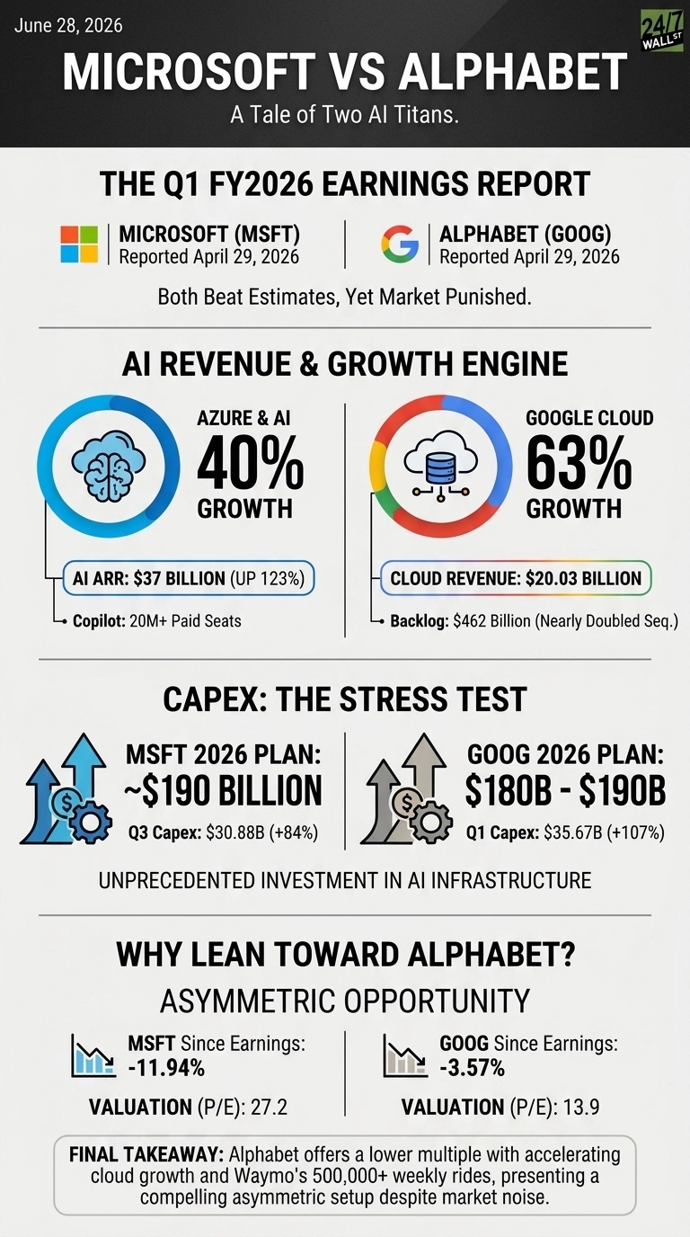 An infographic titled 'Microsoft vs Alphabet: A Tale of Two AI Titans' dated June 28, 2026. It compares Q1 FY2026 earnings reports for Microsoft (MSFT) and Alphabet (GOOG) from April 29, 2026, noting both beat estimates but were punished by the market. The 'AI Revenue & Growth Engine' section shows Azure & AI with 40% growth, AI ARR of $37 Billion (UP 123%), and Copilot with 20M+ Paid Seats. Google Cloud shows 63% growth, Cloud Revenue of $20.03 Billion, and a Backlog of $462 Billion (Nearly Doubled Seq.). The 'CAPEX: The Stress Test' section outlines Microsoft's 2026 plan for ~$190 Billion with Q3 Capex of $30.88B (+84%), and Alphabet's 2026 plan for $180B - $190B with Q1 Capex of $35.67B (+107%), both indicating unprecedented investment in AI infrastructure. The 'Why Lean Toward Alphabet?' section shows MSFT since earnings at -11.94% with a P/E of 27.2, while GOOG since earnings is -3.57% with a P/E of 13.9. A final takeaway suggests Alphabet offers a lower multiple with accelerating cloud growth and Waymo's 500,000+ weekly rides, presenting a compelling asymmetric setup despite market noise.