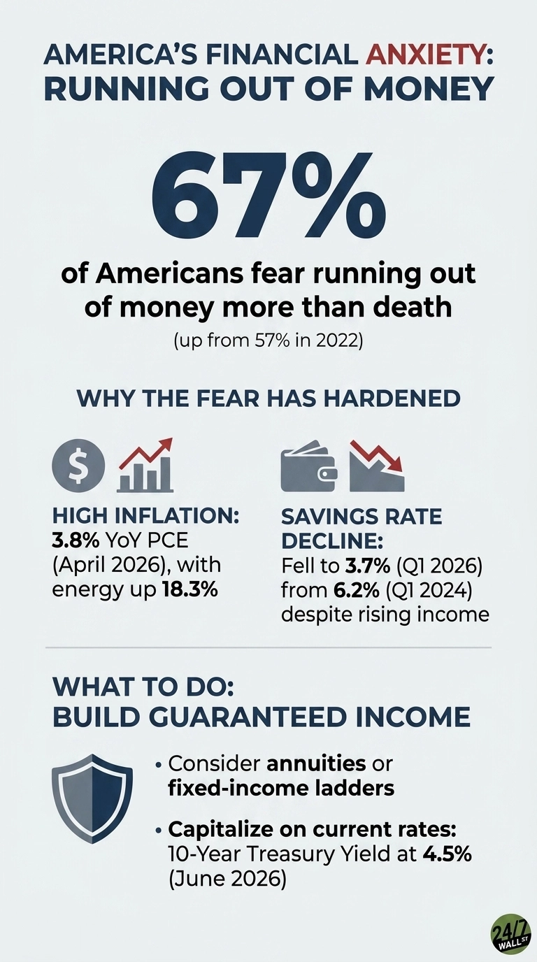 An infographic titled 'America's Financial Anxiety: Running Out of Money'. The main data point shows '67%' in large blue text, with the caption 'of Americans fear running out of money more than death (up from 57% in 2022)'. Below, a section 'WHY THE FEAR HAS HARDENED' has two columns. The left column, 'HIGH INFLATION', shows a dollar sign and an upward trending bar graph icon, stating '3.8% YoY PCE (April 2026), with energy up 18.3%'. The right column, 'SAVINGS RATE DECLINE', shows a wallet icon and a downward trending arrow, stating 'Fell to 3.7% (Q1 2026) from 6.2% (Q1 2024) despite rising income'. A final section, 'WHAT TO DO: BUILD GUARANTEED INCOME', features a shield icon and two bullet points: 'Consider annuities or fixed-income ladders' and 'Capitalize on current rates: 10-Year Treasury Yield at 4.5% (June 2026)'.