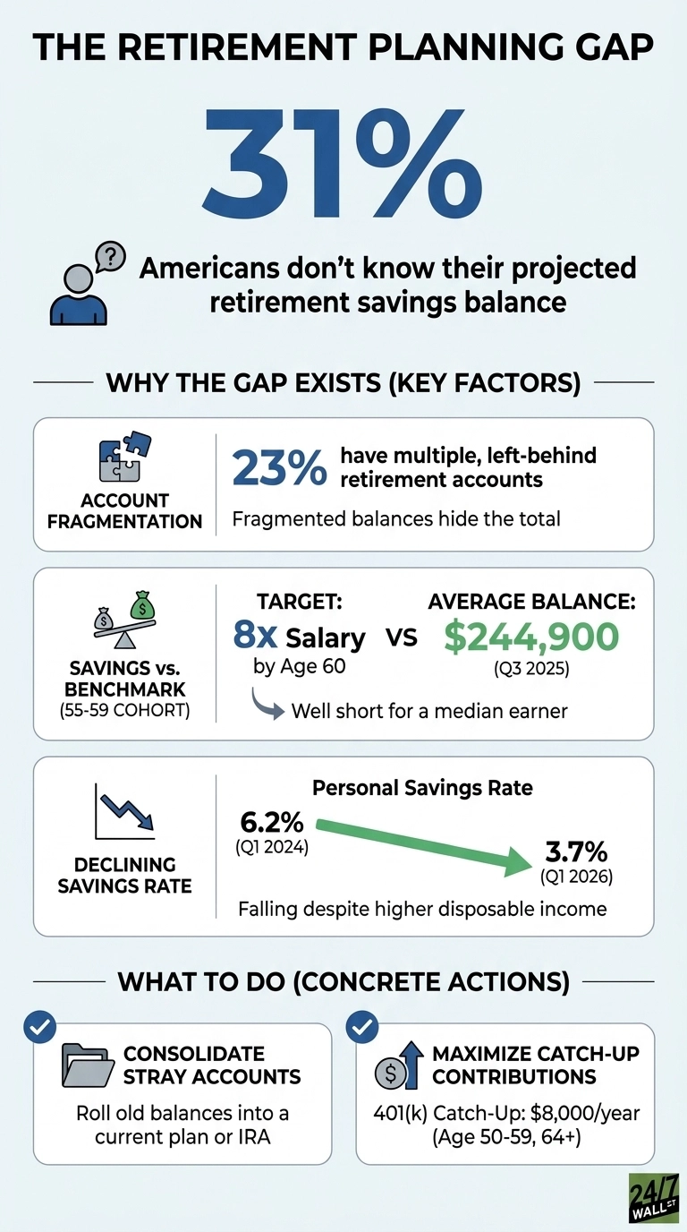 An infographic titled 'THE RETIREMENT PLANNING GAP'. The main finding states '31% Americans don't know their projected retirement savings balance' next to an icon of a person with a question mark. Below this, a section titled 'WHY THE GAP EXISTS (KEY FACTORS)' lists three reasons: 'ACCOUNT FRAGMENTATION' with 23% having multiple, left-behind retirement accounts; 'SAVINGS vs. BENCHMARK (55-59 COHORT)' showing a target of '8x Salary by Age 60' versus an 'AVERAGE BALANCE: $244,900 (Q3 2025)'; and 'DECLINING SAVINGS RATE' illustrating a 'Personal Savings Rate' dropping from '6.2% (Q1 2024)' to '3.7% (Q1 2026)'. The final section, 'WHAT TO DO (CONCRETE ACTIONS)', suggests 'CONSOLIDATE STRAY ACCOUNTS' and 'MAXIMIZE CATCH-UP CONTRIBUTIONS' with details like '401(k) Catch-Up: $8,000/year (Age 50-59, 64+)'. The infographic uses blue and green text for key numbers and icons.