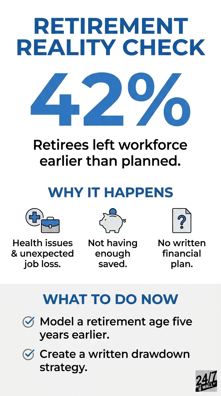 An infographic titled 'Retirement Reality Check' with a white background and blue text. The large number '42%' is prominently displayed, followed by the text 'Retirees left workforce earlier than planned.' Below, a section labeled 'WHY IT HAPPENS' lists three reasons with associated icons: 'Health issues & unexpected job loss' represented by a medical cross and a briefcase, 'Not having enough saved' shown with a piggy bank and a coin, and 'No written financial plan' depicted by a document with a question mark. The final section, 'WHAT TO DO NOW', provides two recommended actions marked with checkmarks: 'Model a retirement age five years earlier' and 'Create a written drawdown strategy.' A '24/7 WALL ST' logo is present in the bottom right corner.