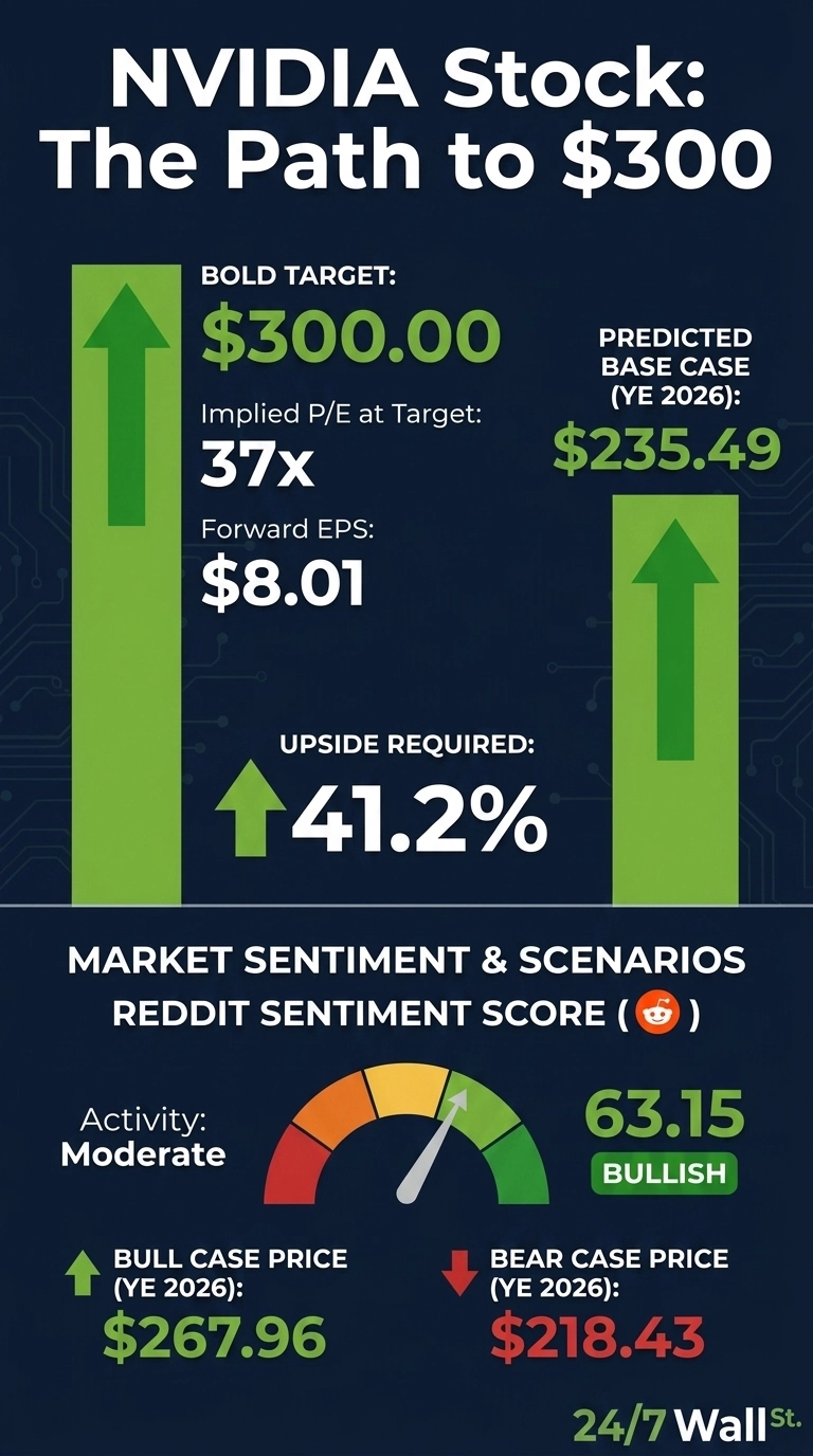 An infographic on a dark blue background titled 'NVIDIA Stock: The Path to $300'. The top section highlights a 'BOLD TARGET:' of '$300.00', with 'Implied P/E at Target:' '37x' and 'Forward EPS:' '$8.01'. A large green upward arrow is on the left. To the right, 'PREDICTED BASE CASE (YE 2026):' is '$235.49', with another green upward arrow. Below this, 'UPSIDE REQUIRED:' is '41.2%', shown with a green upward arrow. The bottom section, 'MARKET SENTIMENT & SCENARIOS', features a 'REDDIT SENTIMENT SCORE' of '63.15 BULLISH' with 'Activity: Moderate' next to a speedometer-like gauge. Below, 'BULL CASE PRICE (YE 2026):' is '$267.96' with a green upward arrow, and 'BEAR CASE PRICE (YE 2026):' is '$218.43' with a red downward arrow. The source '24/7 Wall St.' is at the bottom right.