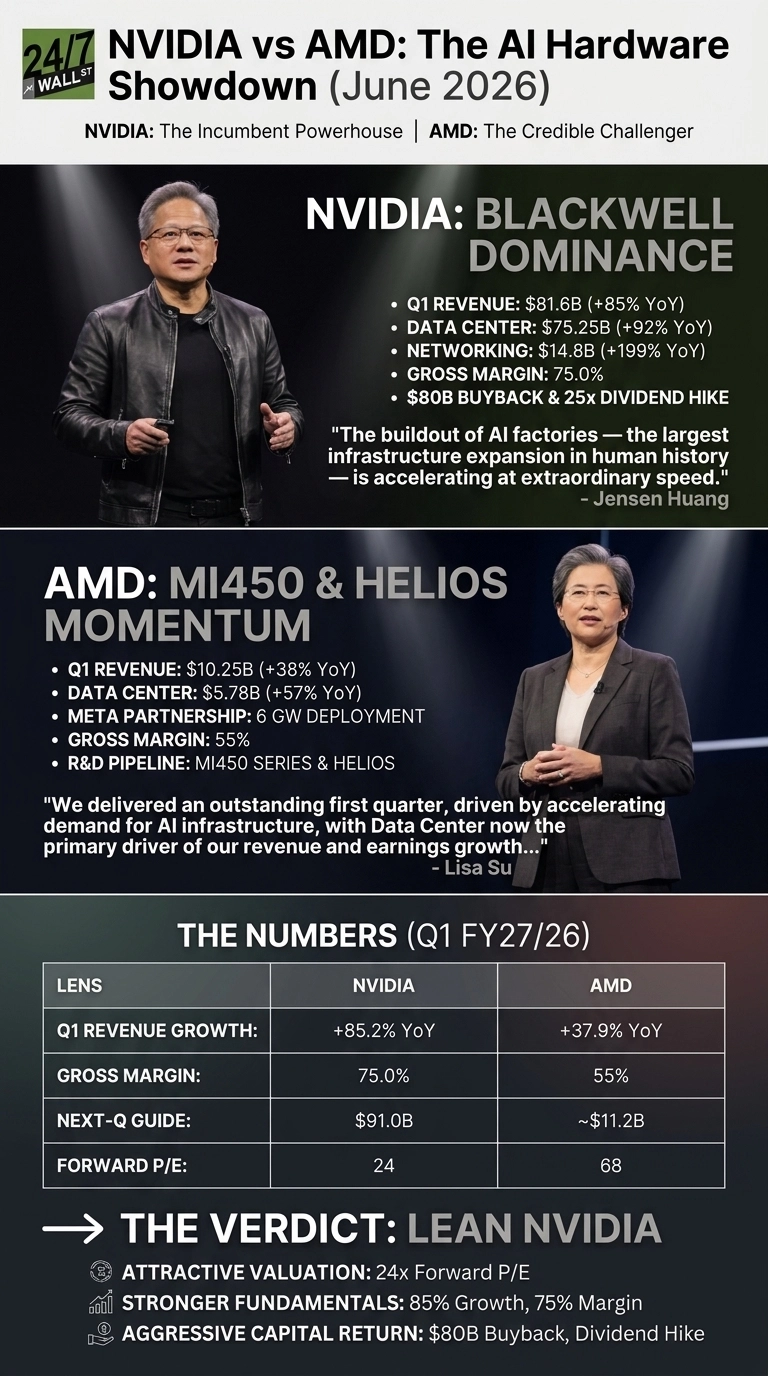An infographic titled 'NVIDIA vs AMD: The AI Hardware Showdown (June 2026)'. The top section, 'NVIDIA: BLACKWELL DOMINANCE', features a photo of Jensen Huang and lists Q1 Revenue: $81.6B (+85% YoY), Data Center: $75.25B (+92% YoY), Networking: $14.8B (+199% YoY), Gross Margin: 75.0%, and $80B Buyback & 25x Dividend Hike. The middle section, 'AMD: MI450 & HELIOS MOMENTUM', features a photo of Lisa Su and lists Q1 Revenue: $10.25B (+38% YoY), Data Center: $5.78B (+57% YoY), Meta Partnership: 6 GW Deployment, Gross Margin: 55%, and R&D Pipeline: MI450 Series & Helios. A table titled 'THE NUMBERS (Q1 FY27/26)' compares NVIDIA and AMD for Q1 Revenue Growth (+85.2% YoY vs +37.9% YoY), Gross Margin (75.0% vs 55%), Next-Q Guide ($91.0B vs ~$11.2B), and Forward P/E (24 vs 68). The infographic concludes with 'THE VERDICT: LEAN NVIDIA', citing Attractive Valuation: 24x Forward P/E, Stronger Fundamentals: 85% Growth, 75% Margin, and Aggressive Capital Return: $80B Buyback, Dividend Hike.