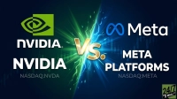 A graphic depicting a showdown between Nvidia and Meta Platforms. On the left, against a green background with lightning, are the Nvidia logo, 'NVIDIA', and 'NASDAQ:NVDA'. On the right, against a blue background with lightning, are the Meta Platforms infinity logo, 'Meta', 'META PLATFORMS', and 'NASDAQ:META'. A large golden 'Vs.' symbol with a bright light burst sits in the center, dividing the two sides. The '24/7 WALL ST' logo is in the bottom right corner.