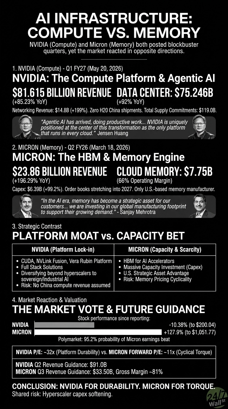 An infographic titled 'AI INFRASTRUCTURE: COMPUTE VS. MEMORY' comparing NVIDIA and Micron's financial performance and strategic positions. Section 1, 'NVIDIA (Compute) - Q1 FY27 (May 20, 2026)', shows $81.615 Billion Revenue (+85.23% YoY) and Data Center revenue of $75.246B (+92% YoY), with a quote from Jensen Huang. Section 2, 'MICRON (Memory) - Q2 FY26 (March 18, 2026)', shows $23.86 Billion Revenue (+196.29% YoY) and Cloud Memory revenue of $7.75B (66% Operating Margin), with a quote from Sanjay Mehrotra. Section 3, 'Strategic Contrast', is a table comparing NVIDIA's 'Platform Moat' (CUDA, NVLink, Full Stack Solutions) with MICRON's 'Capacity Bet' (HBM for AI Accelerators, Massive Capacity Investment). Section 4, 'Market Reaction & Valuation', displays stock performance since reporting (NVIDIA -10.38%, Micron +127.9%), P/E ratios, and Q2/Q3 revenue guidance. The conclusion states: 'NVIDIA FOR DURABILITY. MICRON FOR TORQUE.'