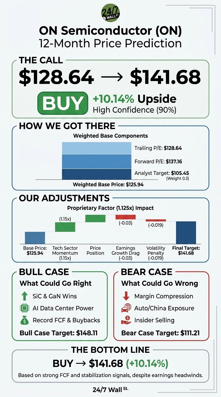 An infographic titled 'ON Semiconductor (ON) 12-Month Price Prediction' by 24/7 Wall St. The call indicates a current price of $128.64 moving to a target of $141.68, with a 'BUY' recommendation, +10.14% Upside, and High Confidence (90%). The 'How We Got There' section shows weighted base components and lists Trailing P/E: $128.64, Forward P/E: $137.16, and Analyst Target: $105.45 (Weight 0.3), leading to a Weighted Base Price of $125.94. The 'Our Adjustments' section displays a waterfall chart showing a Proprietary Factor (1.125x) Impact, starting from Base Price $125.94, adding Tech Sector Momentum (1.15x) and Price Position, then subtracting Earnings Growth Drag (-0.03) and Volatility Penalty (-0.019), to reach a Final Target of $141.68. The 'Bull Case' section, colored green, lists 'What Could Go Right' with icons: SiC & GaN Wins, AI Data Center Power, and Record FCF & Buybacks, with a Bull Case Target: $148.11. The 'Bear Case' section, colored red, lists 'What Could Go Wrong' with icons: Margin Compression, Auto/China Exposure, and Insider Selling, with a Bear Case Target: $111.21. The 'The Bottom Line' reiterates 'BUY -> $141.68 (+10.14%)', based on strong FCF and stabilization signals, despite earnings headwinds.