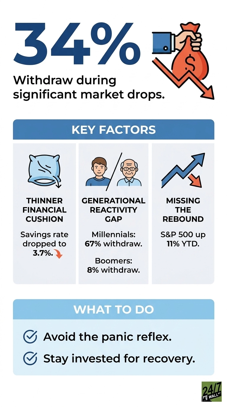 An infographic with a blue and white color scheme. The top section states '34% Withdraw during significant market drops' with an icon of a hand holding a money bag and a red downward arrow. Below is a 'KEY FACTORS' section divided into three columns. The first column, titled 'THINNER FINANCIAL CUSHION', shows an icon of a pillow with money falling out and states 'Savings rate dropped to 3.7%', indicated by a red downward arrow. The second column, titled 'GENERATIONAL REACTIVITY GAP', shows an icon of a younger man and an older man separated by a line, and lists 'Millennials: 67% withdraw.' and 'Boomers: 8% withdraw.'. The third column, titled 'MISSING THE REBOUND', shows an icon of a blue arrow trending up and a red arrow trending down, and states 'S&P 500 up 11% YTD.'. The bottom section, titled 'WHAT TO DO', has two bullet points with checkmarks: 'Avoid the panic reflex.' and 'Stay invested for recovery.'.