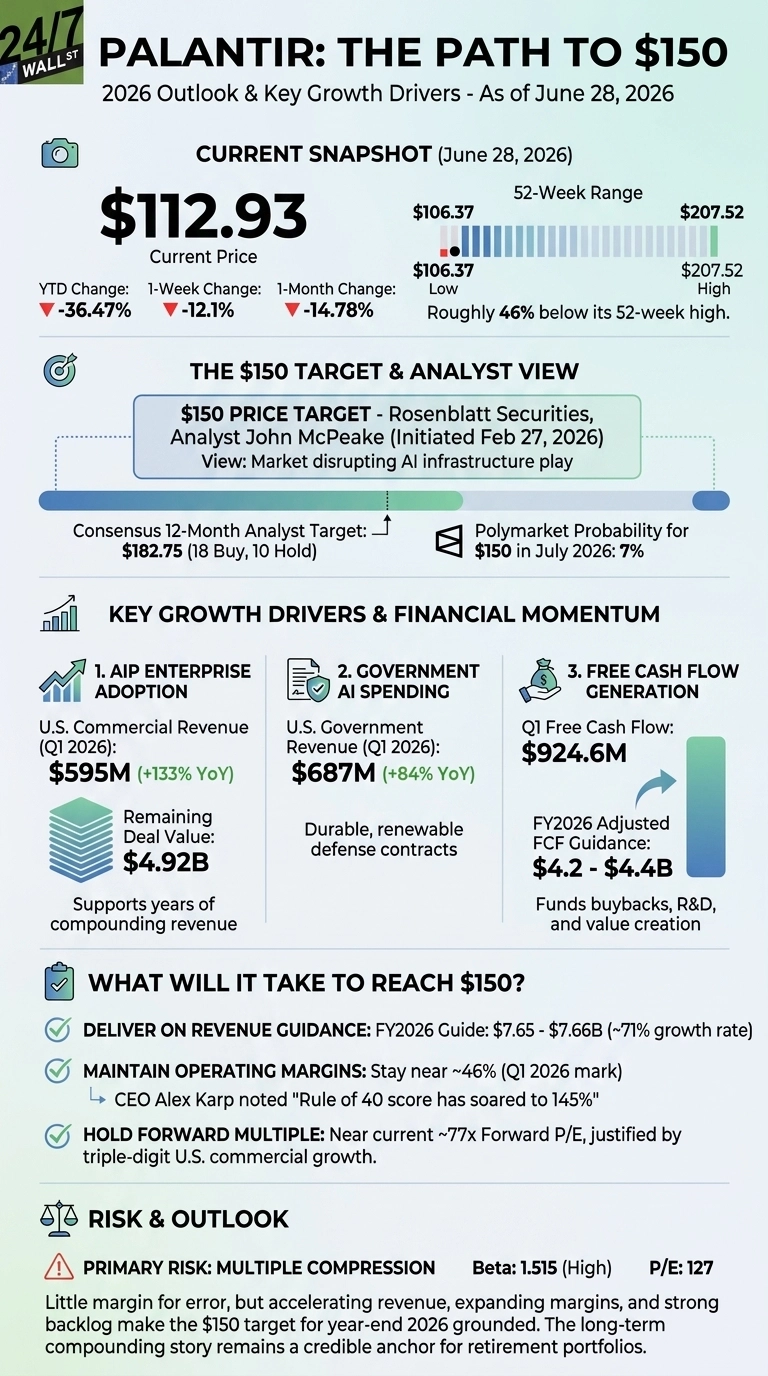 An infographic titled 'Palantir: The Path to $150 - 2026 Outlook & Key Growth Drivers - As of June 28, 2026'. It is divided into several sections. The 'Current Snapshot' shows a current price of $112.93, YTD Change of -36.47%, 1-Week Change of -12.1%, 1-Month Change of -14.78%, and a 52-Week Range from $106.37 to $207.52, with a bar chart indicating the current price is roughly 46% below its 52-week high. The '$150 Target & Analyst View' section highlights a $150 price target from Rosenblatt Securities, a consensus 12-month analyst target of $182.75, and a Polymarket Probability of 7% for $150 in July 2026. The 'Key Growth Drivers & Financial Momentum' section details U.S. Commercial Revenue (Q1 2026) at $595M (+133% YoY) with a Remaining Deal Value of $4.92B, U.S. Government Revenue (Q1 2026) at $687M (+84% YoY), and Q1 Free Cash Flow of $924.6M with FY2026 Adjusted FCF Guidance of $4.2 - $4.4B. The 'What Will It Take To Reach $150?' section lists three points: deliver on FY2026 revenue guidance of $7.65 - $7.66B, maintain operating margins near ~46%, and hold a forward multiple near ~77x Forward P/E. The 'Risk & Outlook' section states the Primary Risk as 'Multiple Compression', Beta as 1.515 (High), and P/E as 127, with a summary text about the $150 target being grounded by accelerating revenue and strong backlog.