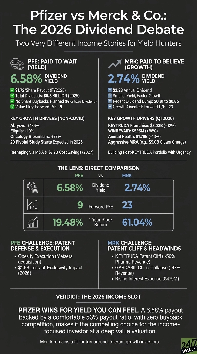 An infographic titled 'Pfizer vs Merck & Co.: The 2026 Dividend Debate' with a dark background. It's divided into sections comparing PFE and MRK. The top section, 'PFE: PAID TO WAIT (YIELD)', shows a 6.58% Dividend Yield with details like $1.72/Share Payout (FY2025) and Forward P/E ~9, alongside Key Growth Drivers and future plans. The 'MRK: PAID TO BELIEVE (GROWTH)' section shows a 2.74% Dividend Yield with details like $3.28 Annual Dividend and Forward P/E ~23, listing its Key Growth Drivers and M&A activities. A central table, 'THE LENS: DIRECT COMPARISON', visually compares Dividend Yield (PFE 6.58% vs MRK 2.74%), Forward P/E (PFE 9 vs MRK 23), and 1-Year Stock Return (PFE 19.48% vs MRK 61.04%). Below, 'PFE CHALLENGE' lists Patent Defense & Execution issues like $1.5B Loss-of-Exclusivity Impact (2026), while 'MRK CHALLENGE' lists Patent Cliff & Headwinds like KEYTRUDA Patent Cliff. The bottom section, 'VERDICT: THE 2026 INCOME SLOT', states 'Pfizer wins for yield you can feel' due to its 6.58% payout and 53% payout ratio, and describes Merck as a fit for 'turnaround-tolerant growth investors'. Text is primarily white and light blue, with percentage figures in green for PFE and light blue for MRK.