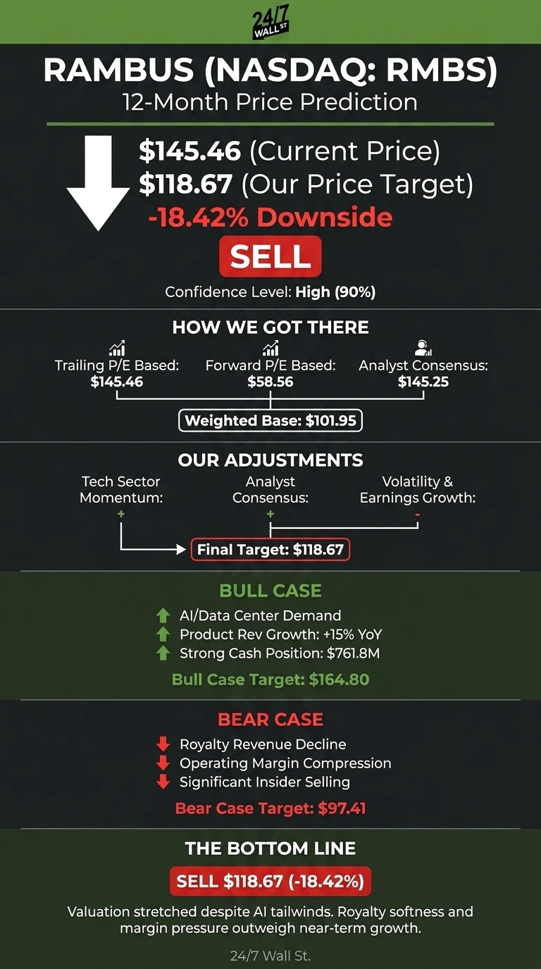 An infographic titled 'Rambus (NASDAQ: RMBS) 12-Month Price Prediction' shows a large downward arrow indicating a sell recommendation. Key data points are: Current Price $145.46, Our Price Target $118.67, -18.42% Downside, and a 'SELL' button. The confidence level is High (90%). A section 'HOW WE GOT THERE' shows Trailing P/E Based: $145.46, Forward P/E Based: $58.56, Analyst Consensus: $145.25, leading to a Weighted Base: $101.95. 'OUR ADJUSTMENTS' factors in Tech Sector Momentum, Analyst Consensus, and Volatility & Earnings Growth, culminating in a Final Target: $118.67. A 'BULL CASE' section lists AI/Data Center Demand, Product Rev Growth: +15% YoY, Strong Cash Position: $761.8M, with a Bull Case Target: $164.80. A 'BEAR CASE' section lists Royalty Revenue Decline, Operating Margin Compression, Significant Insider Selling, with a Bear Case Target: $97.41. The 'BOTTOM LINE' reiterates 'SELL $118.67 (-18.42%)' and states, 'Valuation stretched despite AI tailwinds. Royalty softness and margin pressure outweigh near-term growth.'