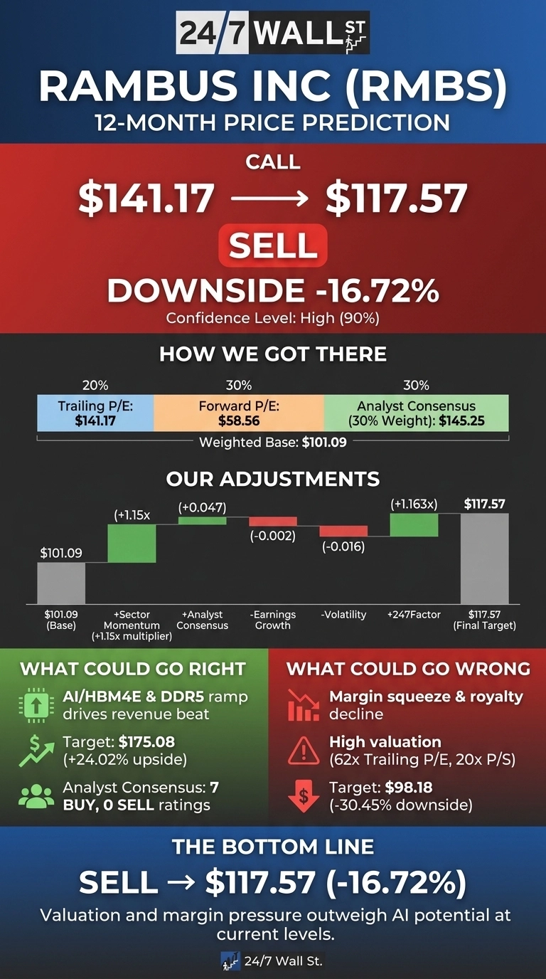 An infographic titled 'Rambus Inc (RMBS) 12-Month Price Prediction' with a prominent 'SELL' recommendation. The call indicates a movement from $141.17 to a target price of $117.57, showing a downside of -16.72% with a High (90%) confidence level. The section 'How We Got There' displays a weighted base of $101.09, derived from Trailing P/E ($141.17, 20% weight), Forward P/E ($58.56, 30% weight), and Analyst Consensus ($145.25, 30% weight). The 'Our Adjustments' waterfall chart illustrates changes from the $101.09 base, showing increases for Sector Momentum (+1.15x multiplier) and Analyst Consensus (+0.047), decreases for Earnings Growth (-0.002) and Volatility (-0.016), and a final increase for +247Factor (+1.163x), arriving at the $117.57 Final Target. The 'What Could Go Right' section, in green, lists drivers like AI/HBM4E & DDR5 ramp with a potential target of $175.08 (+24.02% upside) and an Analyst Consensus of 7 BUY, 0 SELL ratings. The 'What Could Go Wrong' section, in red, highlights risks such as margin squeeze, royalty decline, and high valuation (62x Trailing P/E, 20x P/S) with a potential downside target of $98.18 (-30.45% downside). The 'Bottom Line' reiterates 'SELL -> $117.57 (-16.72%)' and states that valuation and margin pressure outweigh AI potential at current levels.