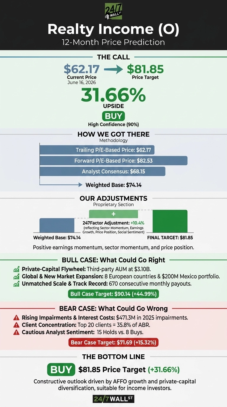 An infographic titled 'Realty Income (O) 12-Month Price Prediction'. The top section, 'THE CALL', shows a current price of $62.17 (June 16, 2026) moving to a price target of $81.85, representing 31.66% upside with a 'BUY' recommendation and High Confidence (90%). Below, 'HOW WE GOT THERE' details methodology including Trailing P/E-Based Price: $62.17, Forward P/E-Based Price: $82.53, and Analyst Consensus: $68.15, leading to a Weighted Base: $74.14. 'OUR ADJUSTMENTS' shows a 247Factor Adjustment of +10.4% (reflecting Sector Momentum, Earnings Growth, Price Position, Social Sentiment) from the Weighted Base: $74.14 to a FINAL TARGET: $81.85. The 'BULL CASE: What Could Go Right' lists: Private-Capital Flywheel: Third-party AUM at $3.10B, Global & New Market Expansion: 8 European countries & $200M Mexico portfolio, and Unmatched Scale & Track Record: 670 consecutive monthly payouts. The Bull Case Target is $90.14 (+44.99%). The 'BEAR CASE: What Could Go Wrong' lists: Rising Impairments & Interest Costs: $471.3M in 2025 impairments, Client Concentration: Top 20 clients = 35.8% of ABR, and Cautious Analyst Sentiment: 15 Holds vs. 8 Buys. The Bear Case Target is $71.69 (+15.32%). The bottom section, 'THE BOTTOM LINE', reiterates 'BUY' with an $81.85 Price Target (+31.66%) and states 'Constructive outlook driven by AFFO growth and private-capital diversification, suitable for income investors.'