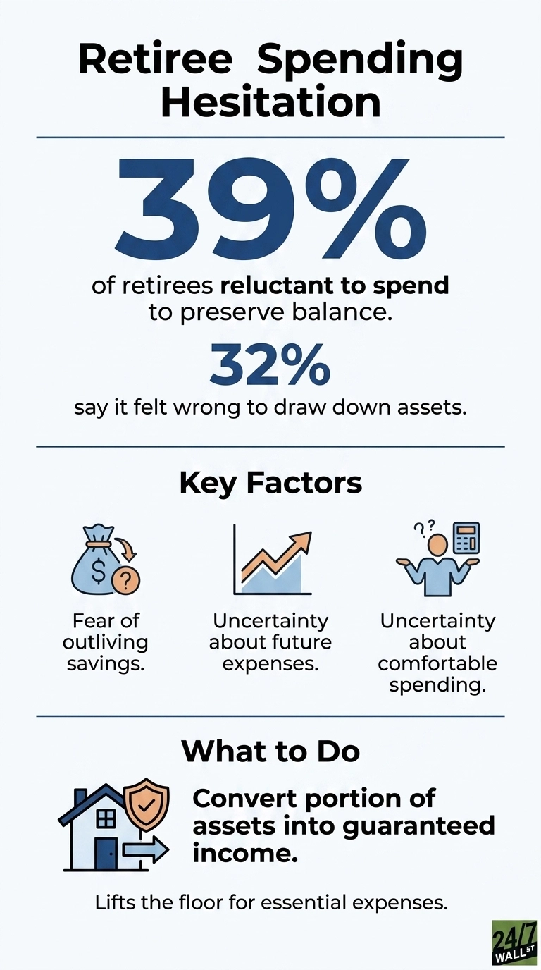 An infographic titled 'Retiree Spending Hesitation'. It states that 39% of retirees are reluctant to spend to preserve balance, and 32% say it felt wrong to draw down assets. Key factors are shown with icons: fear of outliving savings (money bag with question mark), uncertainty about future expenses (upward trending graph), and uncertainty about comfortable spending (person shrugging with calculator). The 'What to Do' section suggests converting a portion of assets into guaranteed income, represented by a house icon with a shield and arrow, explaining this lifts the floor for essential expenses.