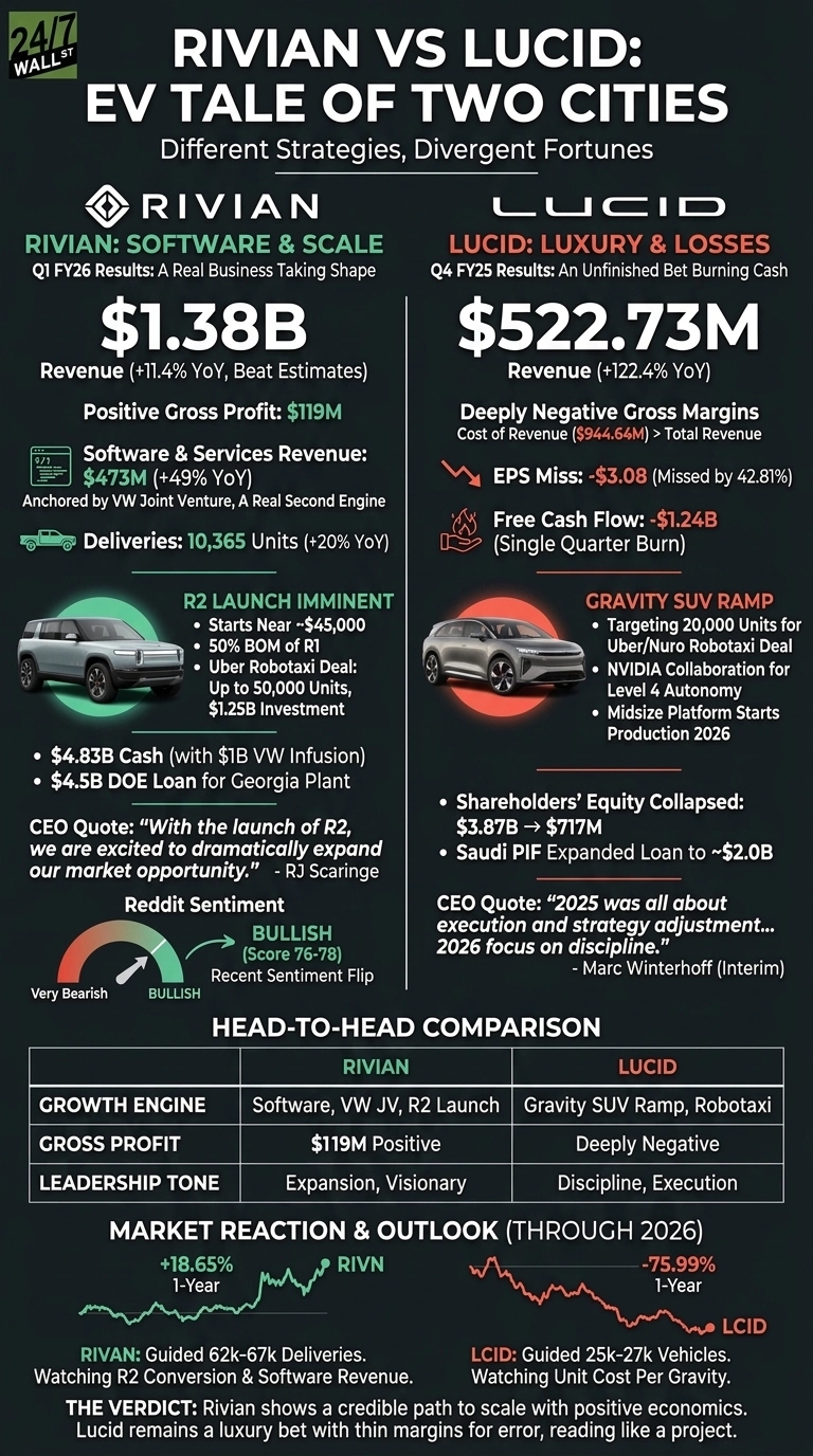An infographic titled 'RIVIAN VS LUCID: EV TALE OF TWO CITIES' with a dark background. The graphic is divided into two main sections comparing Rivian (left, green branding) and Lucid (right, red branding). The Rivian section highlights 'SOFTWARE & SCALE' with Q1 FY26 results: $1.38B Revenue (+11.4% YoY), $119M Positive Gross Profit, $473M Software & Services Revenue (+49% YoY), and 10,365 Deliveries (+20% YoY). It details an R2 launch imminent, starting near ~$45,000, and $4.83B cash. The Lucid section highlights 'LUXURY & LOSSES' with Q4 FY25 results: $522.73M Revenue (+122.4% YoY), Deeply Negative Gross Margins, EPS Miss: -$3.08, and Free Cash Flow: -$1.24B. It details a Gravity SUV ramp targeting 20,000 units and Shareholders' Equity collapsed from $3.87B to $717M. Both sections include CEO quotes and images of their respective vehicles (Rivian R1S and Lucid Air). A 'HEAD-TO-HEAD COMPARISON' table contrasts 'GROWTH ENGINE', 'GROSS PROFIT', and 'LEADERSHIP TONE' for both companies. Below this, a 'MARKET REACTION & OUTLOOK (THROUGH 2026)' chart shows Rivian (RIVN) with +18.65% (1-Year) and Lucid (LCID) with -75.99% (1-Year) performance. The verdict states Rivian shows a credible path to scale with positive economics, while Lucid remains a luxury bet with thin margins for error.