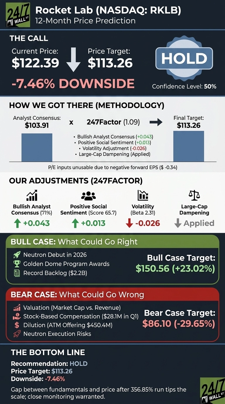 An infographic titled 'Rocket Lab (NASDAQ: RKLB) 12-Month Price Prediction'. The call section shows a current price of $122.39, a price target of $113.26, and a -7.46% downside, with a 'HOLD' recommendation at 50% confidence. The methodology section details how the final target of $113.26 is derived from an Analyst Consensus of $103.91 multiplied by a 247Factor of 1.09, listing adjustments: Bullish Analyst Consensus (+0.043), Positive Social Sentiment (+0.013), Volatility Adjustment (-0.026), and Large-Cap Dampening (Applied). Our Adjustments (247Factor) shows Bullish Analyst Consensus (71%) at +0.043, Positive Social Sentiment (Score 65.7) at +0.013, Volatility (Beta 2.31) at -0.026, and Large-Cap Dampening as Applied. The Bull Case lists 'Neutron Debut in 2026', 'Golden Dome Program Awards', and 'Record Backlog ($2.2B)' leading to a Bull Case Target: $150.56 (+23.02%). The Bear Case lists 'Valuation (Market Cap vs. Revenue)', 'Stock-Based Compensation ($28.1M in Q1)', 'Dilution (ATM Offering $450.4M)', and 'Neutron Execution Risks' leading to a Bear Case Target: $86.10 (-29.65%). The bottom line reiterates a 'HOLD' recommendation, price target of $113.26, and a downside of -7.46%.