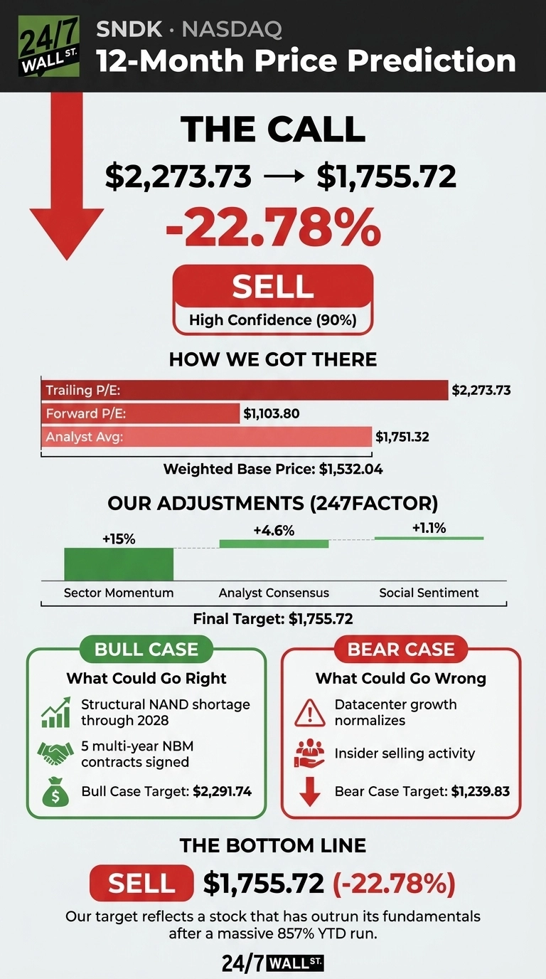 An infographic titled 'SNDK NASDAQ 12-Month Price Prediction' with a red downward arrow. The main call is to 'Sell' with high confidence (90%), predicting a change from $2,273.73 to $1,755.72, representing a -22.78% decrease. The section 'How We Got There' shows bar charts for Trailing P/E (ending at $2,273.73), Forward P/E ($1,103.80), and Analyst Avg ($1,751.32), leading to a Weighted Base Price of $1,532.04. 'Our Adjustments (247FACTOR)' are shown with green bars: Sector Momentum (+15%), Analyst Consensus (+4.6%), and Social Sentiment (+1.1%), resulting in a Final Target of $1,755.72. The 'Bull Case' section highlights 'What Could Go Right' (Structural NAND shortage through 2028, 5 multi-year NBM contracts signed) with a Bull Case Target of $2,291.74. The 'Bear Case' section highlights 'What Could Go Wrong' (Datacenter growth normalizes, Insider selling activity) with a Bear Case Target of $1,239.83. The bottom line reiterates 'Sell $1,755.72 (-22.78%)' and explains that 'Our target reflects a stock that has outrun its fundamentals after a massive 857% YTD run.' The 24/7 Wall St. logo appears at the top left and bottom center.