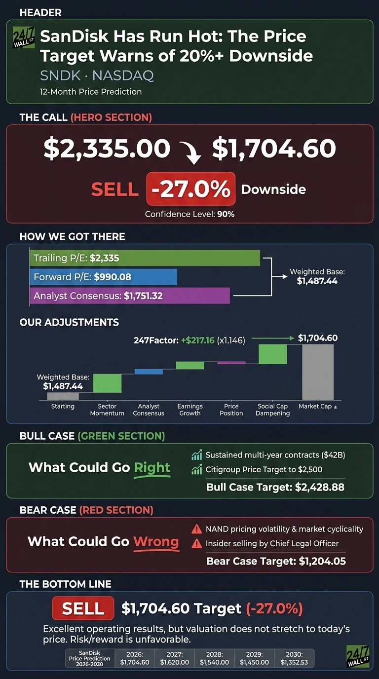 An infographic with a dark background and various sections detailing a 12-month price prediction for SanDisk (SNDK). The header states 'SanDisk Has Run Hot: The Price Target Warns of 20%+ Downside'. The hero section shows a current price of $2,335.00 and a target of $1,704.60, indicating a 'SELL' with a -27.0% downside and 90% confidence. A 'How We Got There' section displays horizontal bar charts for Trailing P/E ($2,335), Forward P/E ($990.08), and Analyst Consensus ($1,751.32), leading to a Weighted Base of $1,487.44. A waterfall chart shows adjustments to the weighted base, including Sector Momentum, Analyst Consensus, Earnings Growth, Price Position, Social Cap Dampening, and Market Cap, arriving at the target price of $1,704.60, with a 247Factor of +$217.16 (x1.146). The 'Bull Case' section lists 'Sustained multi-year contracts ($42B)' and 'Citigroup Price Target to $2,500', with a Bull Case Target of $2,428.88. The 'Bear Case' section lists 'NAND pricing volatility & market cyclicality' and 'Insider selling by Chief Legal Officer', with a Bear Case Target of $1,204.05. The 'Bottom Line' reiterates 'SELL $1,704.60 Target (-27.0%)' and a concluding statement. A table provides SanDisk Price Predictions for 2026 to 2030, showing $1,704.60 for 2026, $1,620.00 for 2027, $1,540.00 for 2028, $1,450.00 for 2029, and $1,352.53 for 2030.