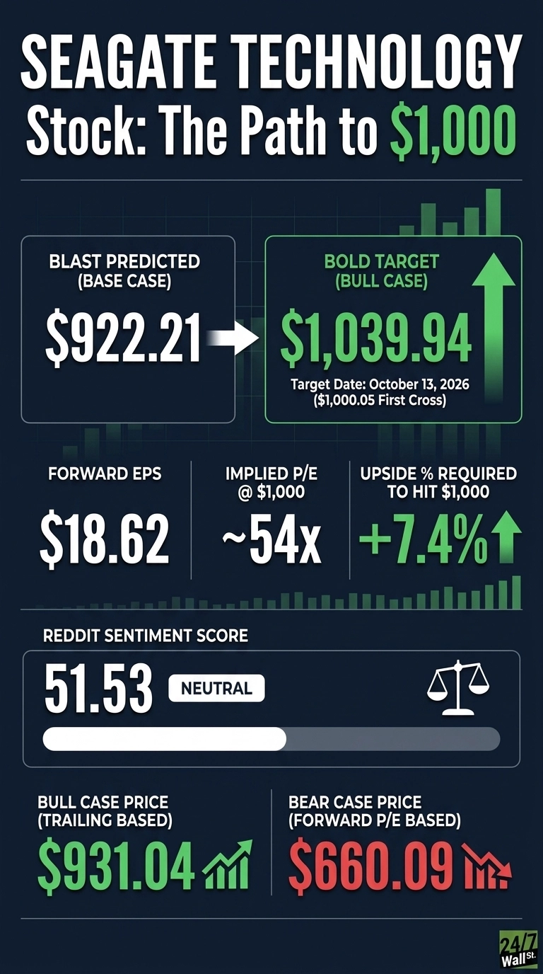 An infographic titled 'SEAGATE TECHNOLOGY Stock: The Path to $1,000' on a dark blue background. The top section shows 'BLAST PREDICTED (BASE CASE)' at $922.21, with an arrow pointing to 'BOLD TARGET (BULL CASE)' at $1,039.94, and a target date of October 13, 2026. Below this, 'FORWARD EPS' is $18.62, 'IMPLIED P/E @ $1,000' is ~54x, and 'UPSIDE % REQUIRED TO HIT $1,000' is +7.4% with a green upward arrow. A 'REDDIT SENTIMENT SCORE' of 51.53 is labeled 'NEUTRAL', with a progress bar and a balance scale icon. The bottom section presents 'BULL CASE PRICE (TRAILING BASED)' at $931.04 with a green rising line graph, and 'BEAR CASE PRICE (FORWARD P/E BASED)' at $660.09 with a red falling line graph. The 24/7 Wall St. logo is at the bottom right.
