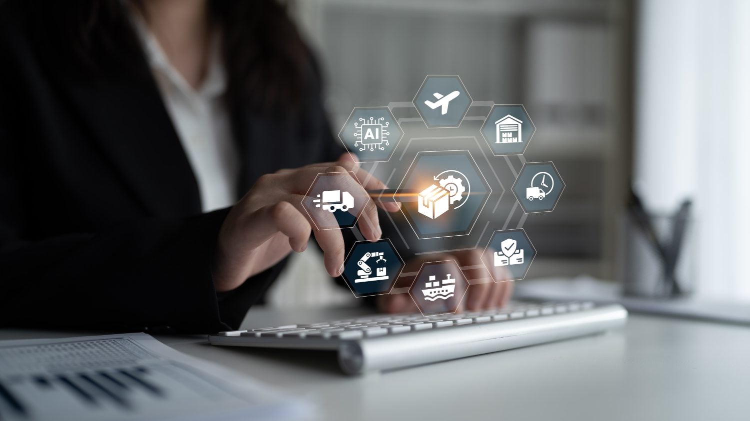 A business professional interacts with digital icons representing delivery and logistics systems, highlighting e-commerce integration in a modern office environment for efficiency and strategy. Ledger