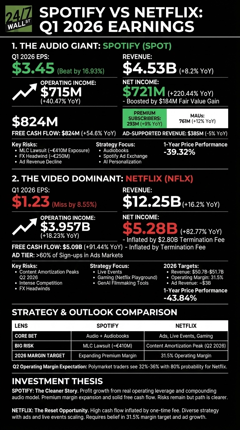 An infographic titled 'Spotify vs Netflix Q1 2026 Earnings' on a black background. It is divided into three main sections: '1. The Audio Giant: Spotify (SPOT)', '2. The Video Dominant: Netflix (NFLX)', and 'Strategy & Outlook Comparison'.

The Spotify section, in green text, shows Q1 2026 EPS of $3.45 (Beat by 16.93%), Revenue of $4.53B (+8.2% YoY), Operating Income of $715M (+40.47% YoY), Net Income of $721M (+220.44% YoY) boosted by $184M Fair Value Gain, and Free Cash Flow of $824M (+54.6% YoY). It lists Premium Subscribers as 293M (+9% YoY) and MAUs as 761M (+12% YoY), with Ad-Supported Revenue of $385M (-5% YoY). Key risks include MLC Lawsuit, FX Headwind, and Ad Revenue Decline. Strategy focus is Audiobooks, Spotify Ad Exchange, and AI Personalization. The 1-Year Price Performance is -39.32%.

The Netflix section, in red text, shows Q1 2026 EPS of $1.23 (Miss by 8.55%), Revenue of $12.25B (+16.2% YoY), Operating Income of $3.957B (+18.23% YoY), Net Income of $5.28B (+82.77% YoY) inflated by a $2.80B Termination Fee, and Free Cash Flow of $5.09B (+91.44% YoY) also inflated by a Termination Fee. The AD TIER indicates >60% of Sign-ups in Ads Markets. Key risks include Content Amortization Peaks Q2 2026, Intense Competition, and FX Headwinds. Strategy focus is Live Events, Gaming (Netflix Playground), and GenAI Filmmaking Tools. 2026 Targets are Revenue: $50.7B-$51.7B, Operating Margin: 31.5%, and Ad Revenue: ~$3B. The 1-Year Price Performance is -43.84%.

The 'Strategy & Outlook Comparison' section is a table with columns for 'Lens', 'Spotify', and 'Netflix'. Rows include 'CORE BET' (Audio + Audiobooks for Spotify; Ads, Live Events, Gaming for Netflix), 'BIG RISK' (MLC Lawsuit (~€410M) for Spotify; Content Amortization Peak (Q2 2026) for Netflix), and '2026 MARGIN TARGET' (Expanding Premium Margin for Spotify; 31.5% Operating Margin for Netflix). It also mentions Q2 Operating Margin Expectation for Netflix.

The 'INVESTMENT THESIS' section provides a brief summary for Spotify ('The Cleaner Story') and Netflix ('The Reset Opportunity').