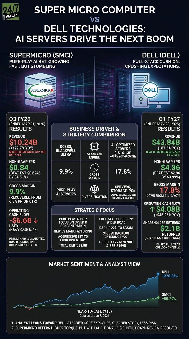 An infographic titled 'Super Micro Computer vs Dell Technologies: AI Servers Drive the Next Boom' comparing the two companies. The left column details Supermicro (SMCI) with its logo and Q3 FY26 results (ended March 31, 2026): Revenue $10.24B, Non-GAAP EPS $0.84, Gross Margin 9.9%, and Operating Cash Flow -$6.6B. Its strategic focus includes pure-play AI bet and new US manufacturing. The right column details Dell (DELL) with its logo and Q1 FY27 results (ended May 28, 2026): Revenue $43.84B, Non-GAAP EPS $4.86, Gross Margin 17.8%, Operating Cash Flow $4.08B, and Shareholder Returns $2.1B. Its strategic focus includes a full-stack cushion and $43B AI backlog. A central table compares business drivers like Gross Margin (SMCI 9.9%, DELL 17.8%) and offerings. The bottom section presents a line chart of Year-To-Date performance as of June 8, 2026, showing DELL at +220.83% and SMCI at +50.29%, along with two analyst views.
