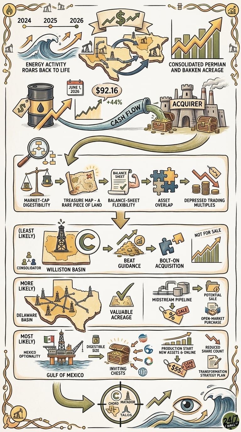 An illustrated infographic showing oil price trends, a checklist for energy company acquisitions, and a hierarchy of likely takeover targets including Chord, Matador, and Talos Energy.