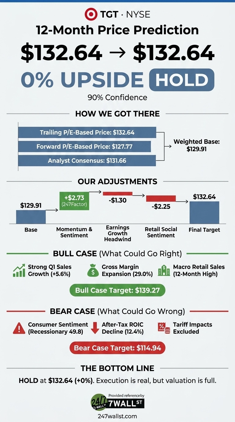 An infographic titled 'Target 12-Month Price Prediction' for TGT on NYSE. It displays a target price of $132.64 with 0% upside and a 'HOLD' recommendation, backed by 90% confidence. The 'How We Got There' section shows a weighted base of $129.91 derived from Trailing P/E-Based Price ($132.64), Forward P/E-Based Price ($127.77), and Analyst Consensus ($131.66). 'Our Adjustments' section details the base of $129.91, adding $2.73 for Momentum & Sentiment, subtracting $1.30 for Earnings Growth Headwind, and subtracting $2.25 for Retail Social Sentiment, resulting in a Final Target of $132.64. The 'Bull Case' section (What Could Go Right) lists Strong Q1 Sales Growth (+5.6%), Gross Margin Expansion (29.0%), and Macro Retail Sales (12-Month High), with a Bull Case Target of $139.27. The 'Bear Case' section (What Could Go Wrong) highlights Consumer Sentiment (Recessionary 49.8), After-Tax ROIC Decline (12.4%), and notes Tariff Impacts Excluded, with a Bear Case Target of $114.94. The 'Bottom Line' states: 'HOLD at $132.64 (+0%). Execution is real, but valuation is full.' The infographic is provided by 24/7 Wall St.