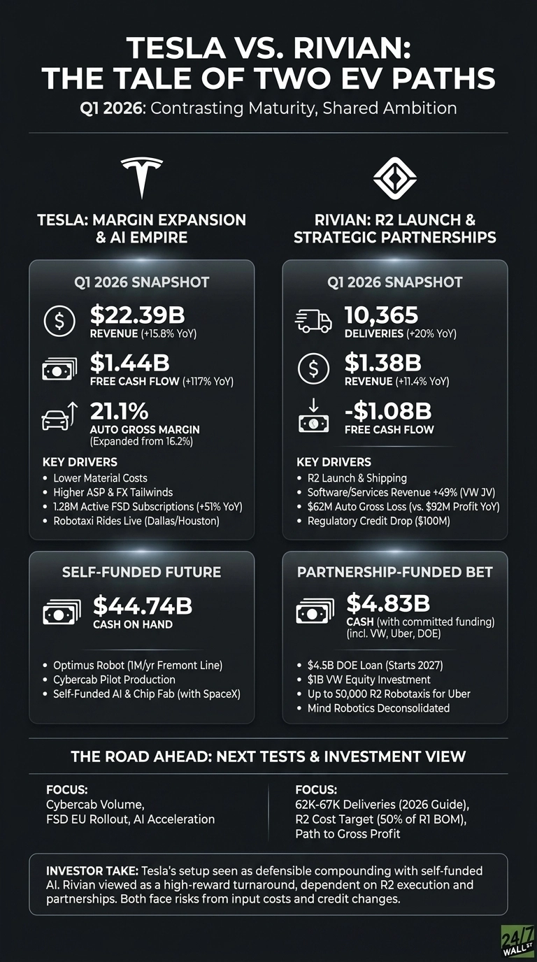 An infographic titled 'Tesla vs. Rivian: The Tale of Two EV Paths, Q1 2026: Contrasting Maturity, Shared Ambition' comparing the two electric vehicle companies. The infographic is split into two main sections against a dark background with light gray text. The left section, 'Tesla: Margin Expansion & AI Empire', shows a Q1 2026 Snapshot with $22.39B Revenue (+15.8% YoY), $1.44B Free Cash Flow (+117% YoY), and 21.1% Auto Gross Margin. Key drivers include lower material costs, higher ASP & FX tailwinds, 1.28M Active FSD Subscriptions (+51% YoY), and Robotaxi Rides Live in Dallas/Houston. Tesla's 'Self-Funded Future' indicates $44.74B Cash on Hand and initiatives like Optimus Robot, Cybercab Pilot Production, and Self-Funded AI & Chip Fab. The 'Road Ahead' for Tesla focuses on Cybercab Volume, FSD EU Rollout, and AI Acceleration. The right section, 'Rivian: R2 Launch & Strategic Partnerships', shows a Q1 2026 Snapshot with 10,365 Deliveries (+20% YoY), $1.38B Revenue (+11.4% YoY), and -$1.08B Free Cash Flow. Key drivers include R2 Launch & Shipping, Software/Services Revenue +49% (VW JV), $62M Auto Gross Loss, and Regulatory Credit Drop of $100M. Rivian's 'Partnership-Funded Bet' shows $4.83B Cash (with committed funding) and details like a $4.5B DOE Loan, $1B VW Equity Investment, and up to 50,000 R2 Robotaxis for Uber. The 'Road Ahead' for Rivian focuses on 62K-67K Deliveries (2026 Guide), R2 Cost Target, and Path to Gross Profit. An 'Investor Take' at the bottom summarizes the differing investment views for both companies.