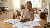 A mature woman with gray hair, wearing a beige knitted sweater, sits at a light wooden table, resting her chin on her hand with a worried expression. She is surrounded by several financial documents, including a 'SOCIAL SECURITY BENEFIT LETTER' and an open book, and is pressing buttons on a black calculator with her right hand. In the background, a warm-toned home interior with kitchen cabinets and a living room is visible.