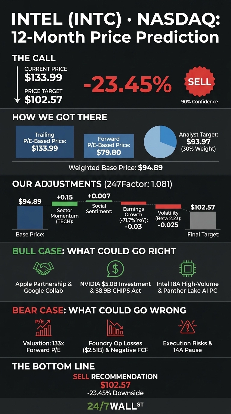 An infographic titled 'INTEL (INTC) • NASDAQ: 12-Month Price Prediction' on a dark gray background. The top section, 'THE CALL,' shows a Current Price of $133.99 and a Price Target of $102.57, indicating a -23.45% change, alongside a 'SELL' badge with 90% Confidence. Below, 'HOW WE GOT THERE' displays a Trailing P/E-Based Price of $133.99, a Forward P/E-Based Price of $79.80, and an Analyst Target of $93.97 (30% Weight), contributing to a Weighted Base Price of $94.89. The 'OUR ADJUSTMENTS (247Factor: 1.081)' section shows the Base Price of $94.89, adjusted by Sector Momentum (TECH) +0.15, Social Sentiment +0.007, Earnings Growth (-71.7% YoY) -0.03, and Volatility (Beta 2.23) -0.025, leading to a Final Target of $102.57. 'BULL CASE: WHAT COULD GO RIGHT' lists three points: Apple Partnership & Google Collab, NVIDIA $5.0B Investment & $8.9B CHIPS Act, and Intel 18A High-Volume & Panther Lake AI PC. 'BEAR CASE: WHAT COULD GO WRONG' also lists three points: Valuation: 133x Forward P/E, Foundry Op Losses ($2.51B) & Negative FCF, and Execution Risks & 14A Pause. The 'THE BOTTOM LINE' section reiterates a 'SELL RECOMMENDATION' at $102.57, noting a -23.45% Downside, and credits 24/7WALL ST.