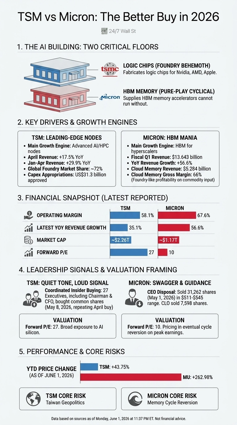 An infographic titled 'TSM vs Micron: The Better Buy in 2026' from 24/7 Wall St. The graphic compares Taiwan Semiconductor Manufacturing (TSM) and Micron Technology (MU) across five sections. Section 1 illustrates their roles in the AI building with blue for TSM (logic chips) and red for Micron (HBM memory). Section 2 lists key drivers and growth engines. Section 3 shows a financial snapshot with bar charts comparing Operating Margin (TSM 58.1%, Micron 67.6%), Latest YoY Revenue Growth (TSM 35.1%, Micron 56.6%), Market Cap (TSM ~$2.26T, Micron ~$1.17T), and Forward P/E (TSM 27, Micron 10). Section 4 outlines leadership signals and valuation framing, including insider buying for TSM and CEO disposal for Micron. Section 5 displays YTD Price Change (as of June 1, 2026) with TSM at +43.75% and MU at +262.98%, and identifies core risks: Taiwan Geopolitics for TSM and Memory Cycle Reversion for Micron. Data is sourced as of Monday, June 1, 2026 at 11:37 PM ET.